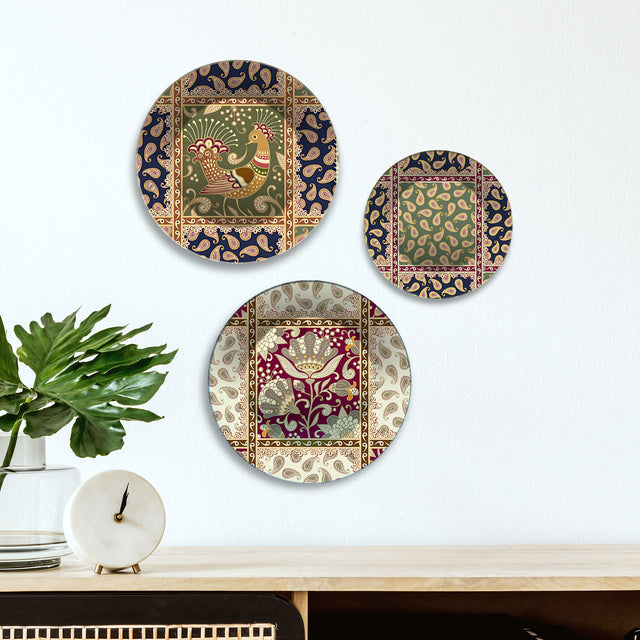Floral & Folk Textile Motifs Premium Wall Plates Painting Set of 3