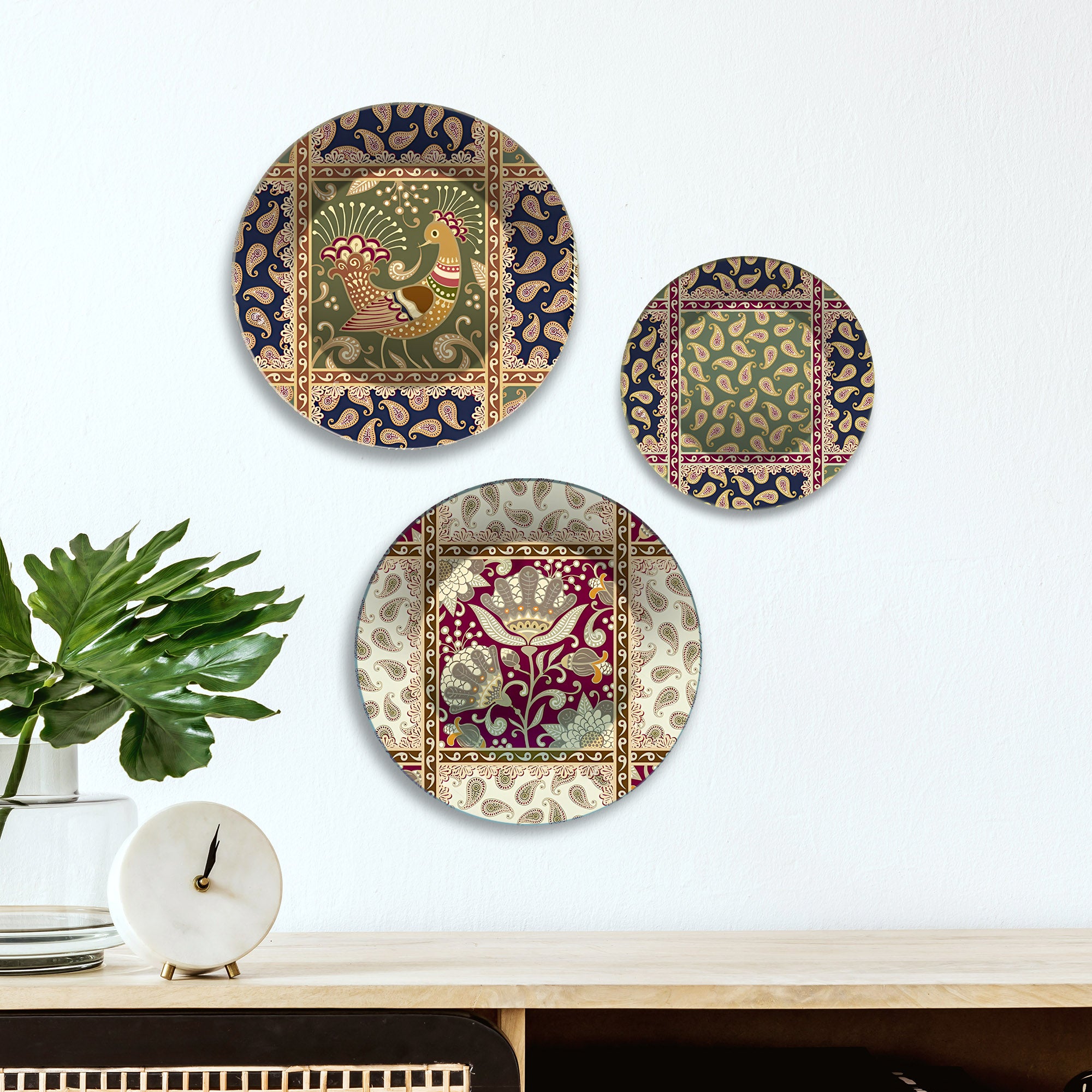 Floral & Folk Textile Motifs Premium Wall Plates Painting Set of 3