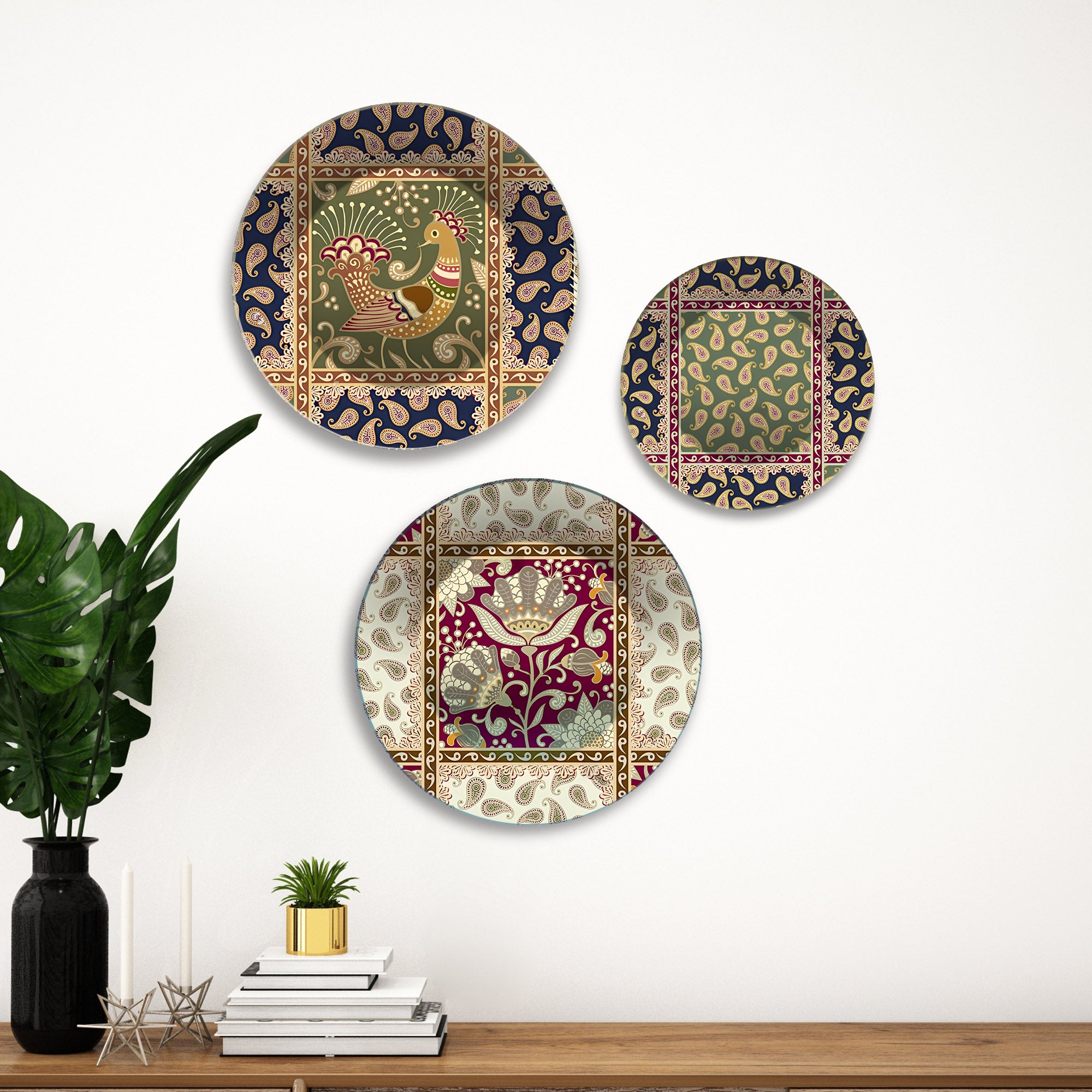Floral & Folk Textile Motifs Premium Wall Plates Painting Set of 3
