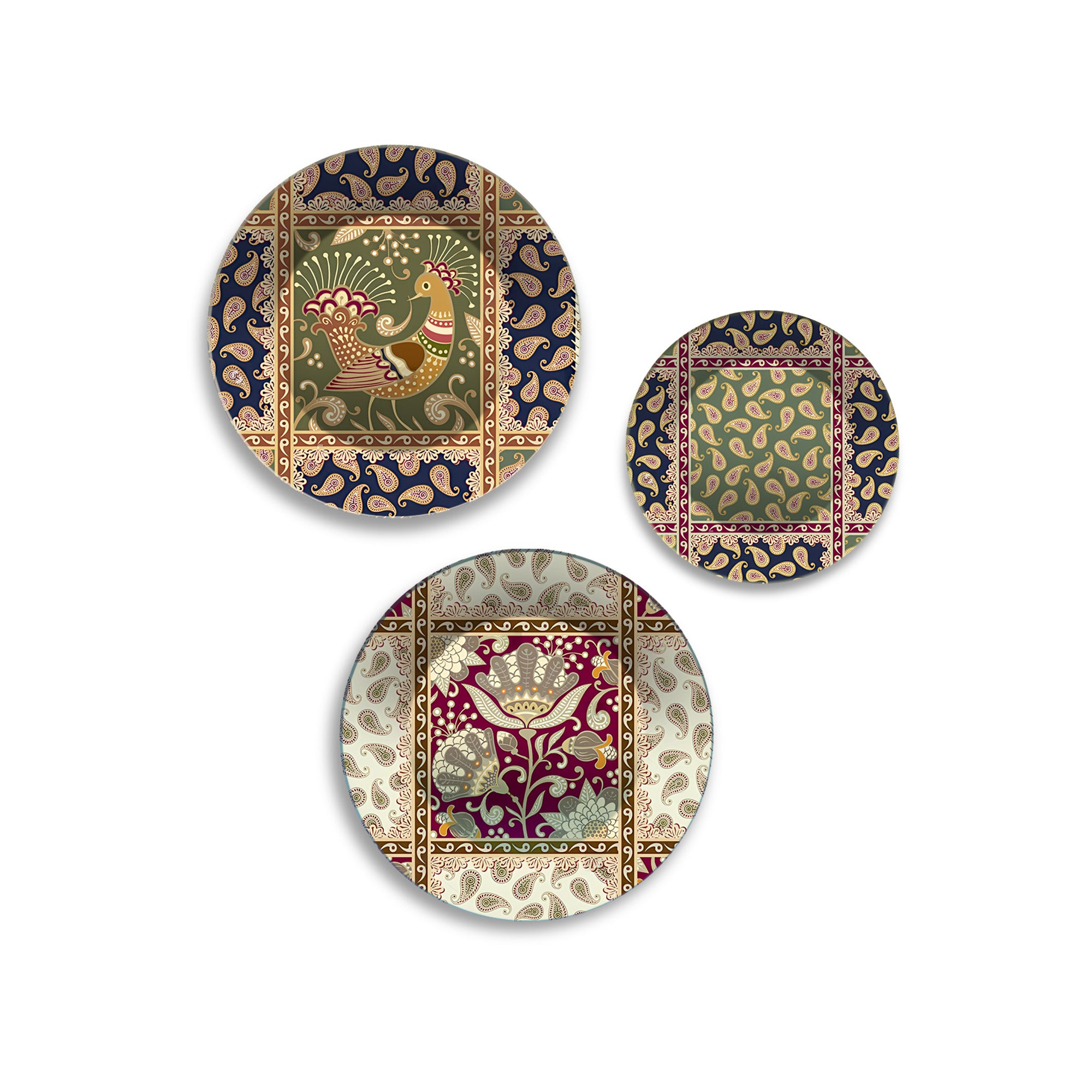 Floral & Folk Textile Motifs Premium Wall Plates Painting Set of 3
