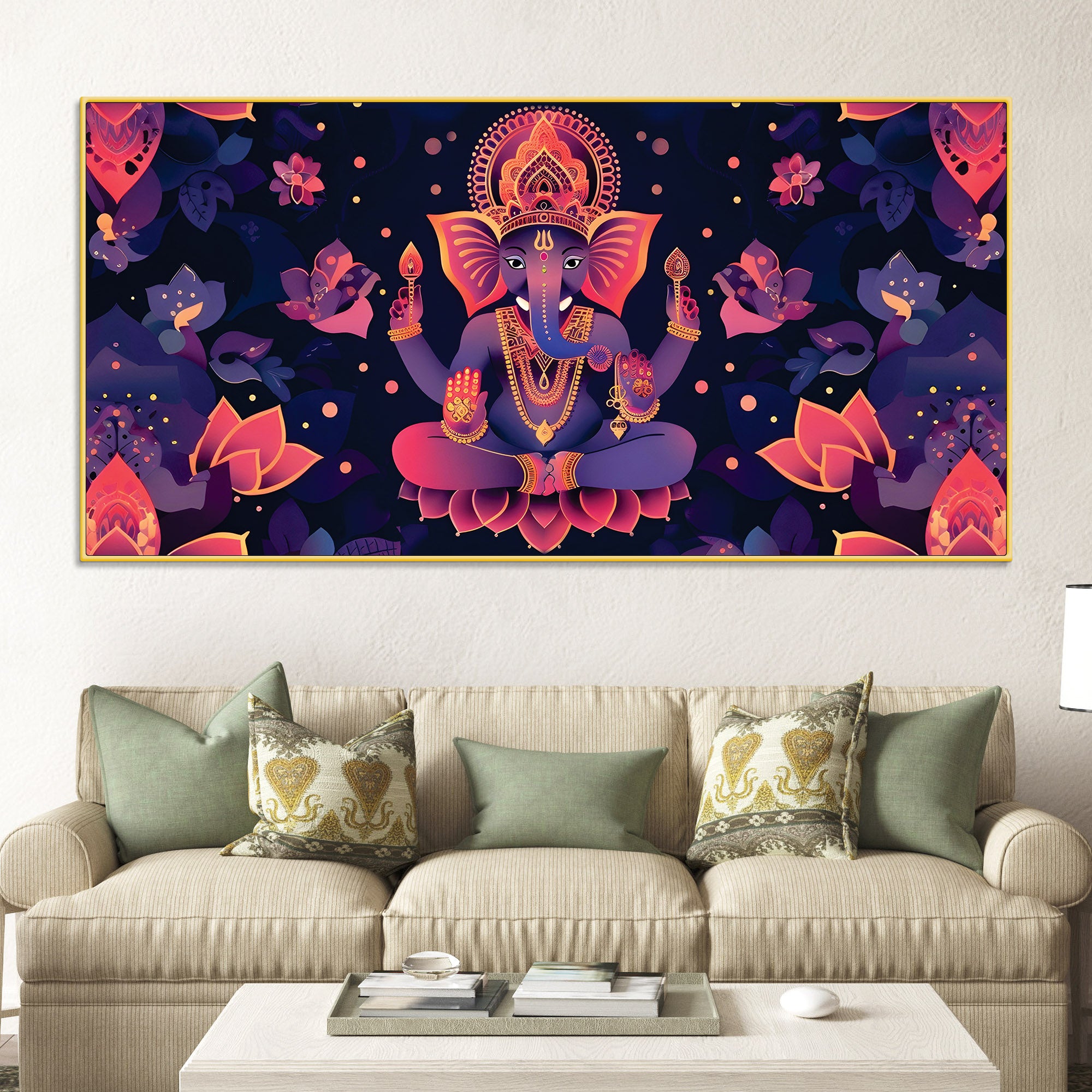 Floral Purple Pink Themed Lord Shri Ganesha Canvas Wall Painting for Home & Office – Elegant Spiritual Home Decor