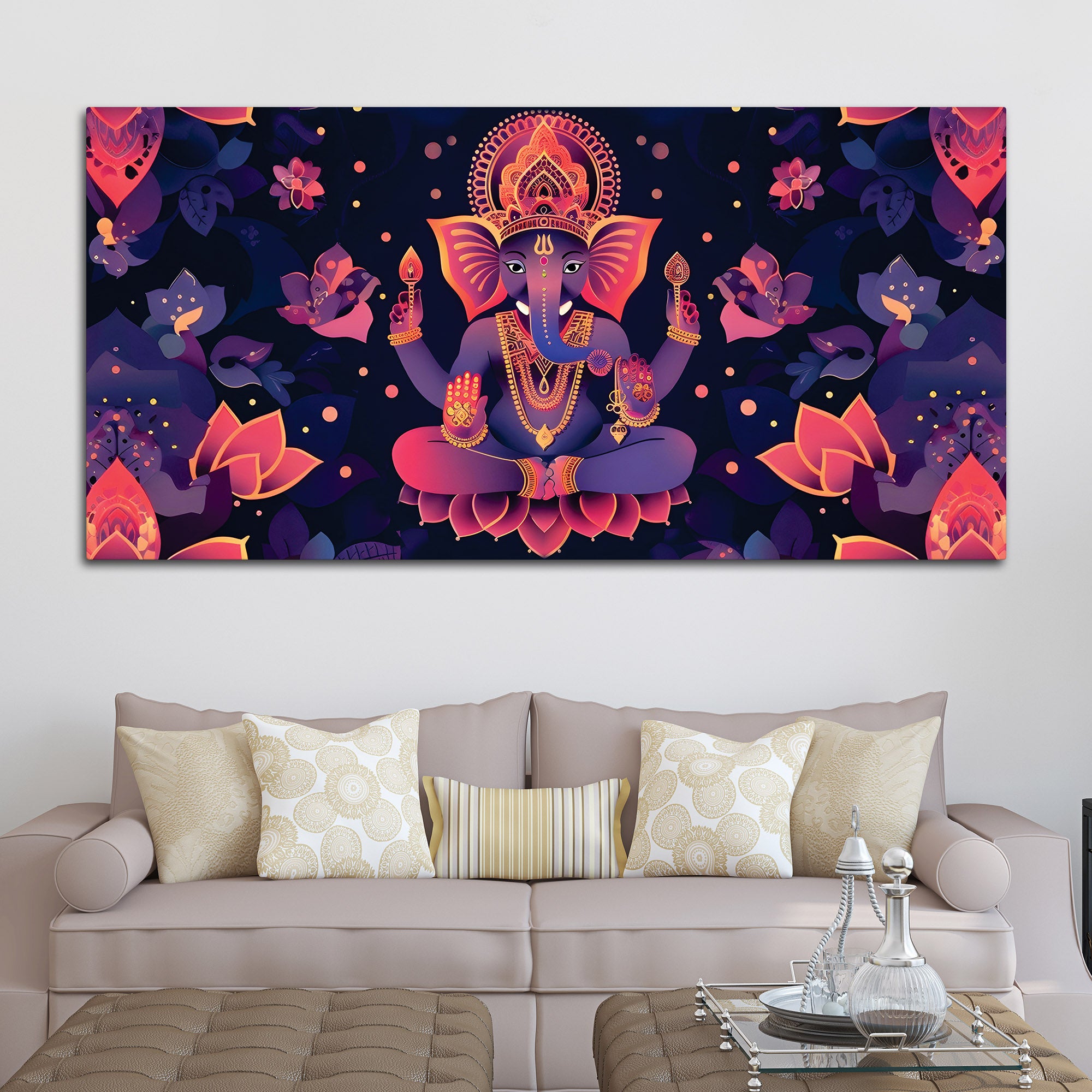 Floral Purple Pink Themed Lord Shri Ganesha Canvas Wall Painting for Home & Office – Elegant Spiritual Home Decor