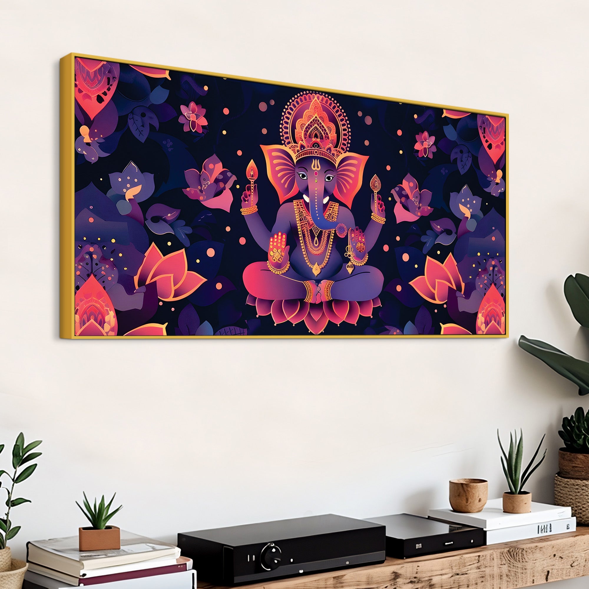 Floral Purple Pink Themed Lord Shri Ganesha Canvas Wall Painting for Home & Office – Elegant Spiritual Home Decor
