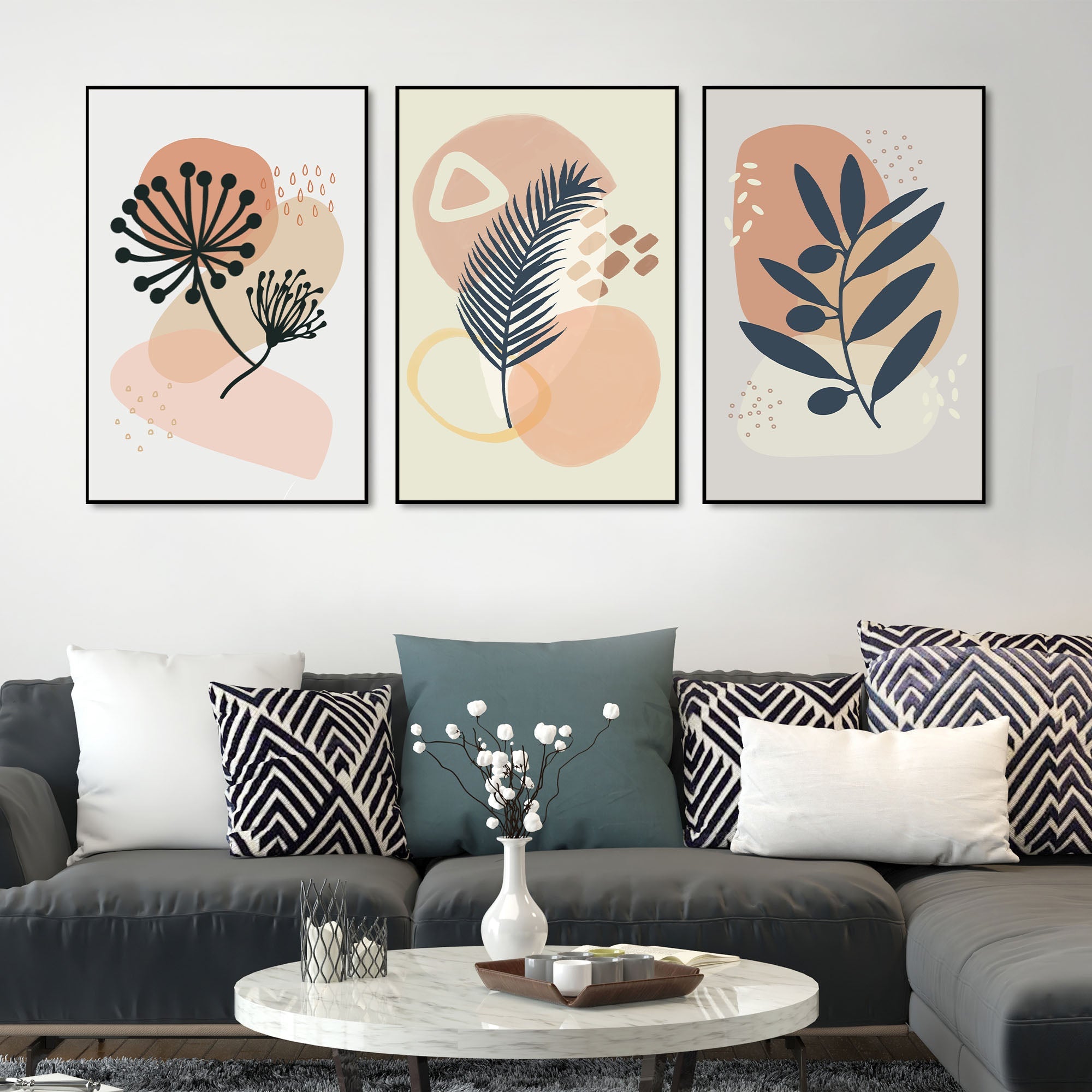 Flower & Leaves Floating Canvas Wall Painting Set of Three