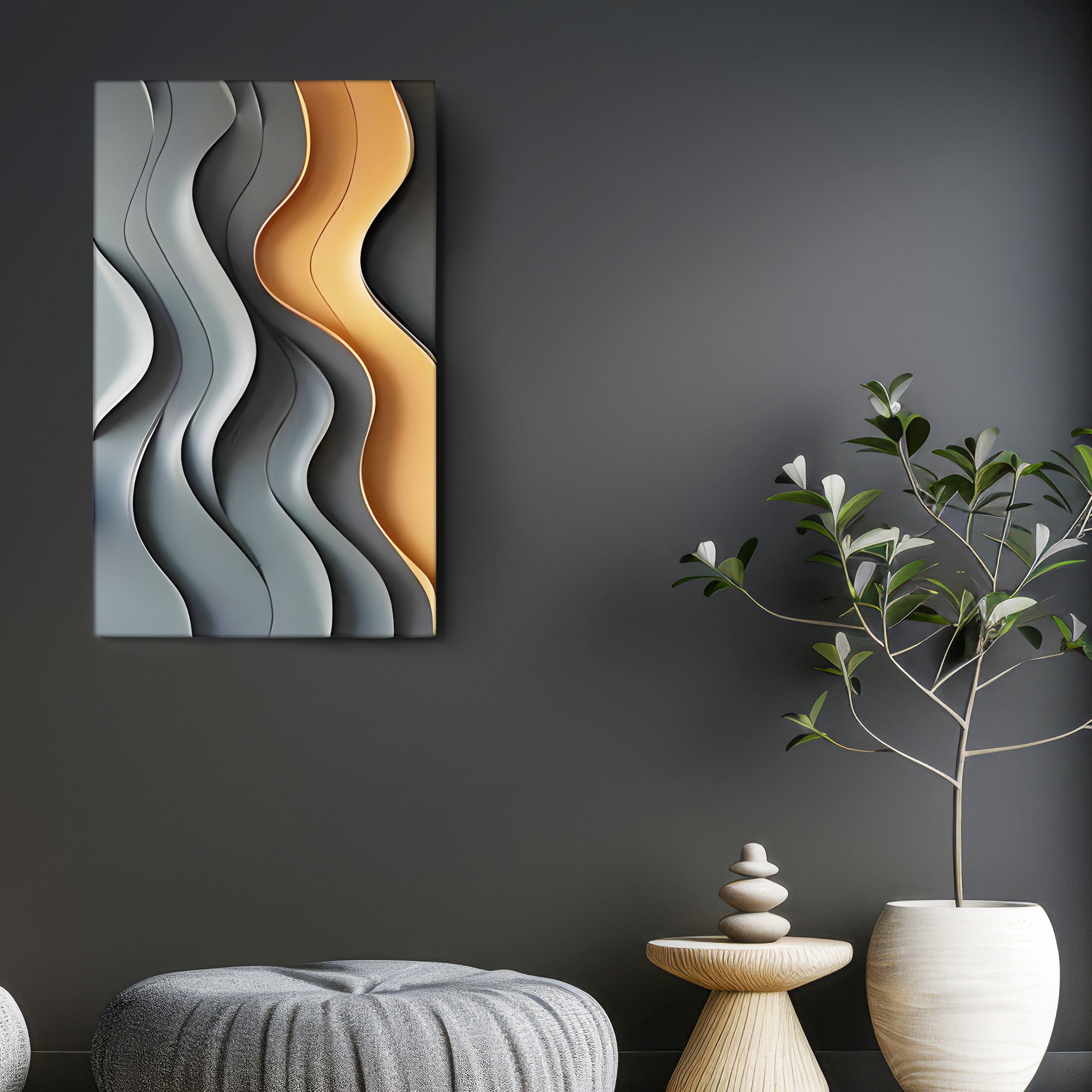 Flowing Curves Grey and Gold Modern 3D Wall Art
