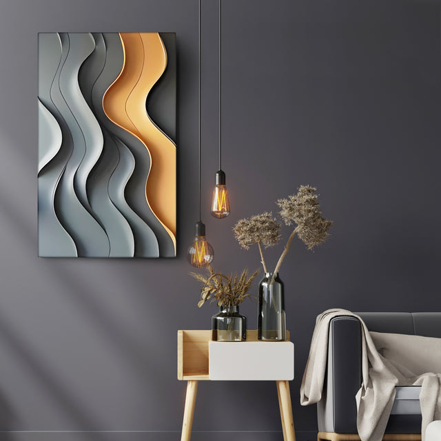 Flowing Curves Grey and Gold Modern 3D Wall Art