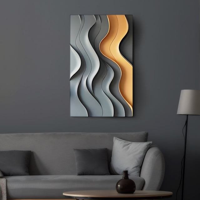 Flowing Curves Grey and Gold Modern 3D Wall Art
