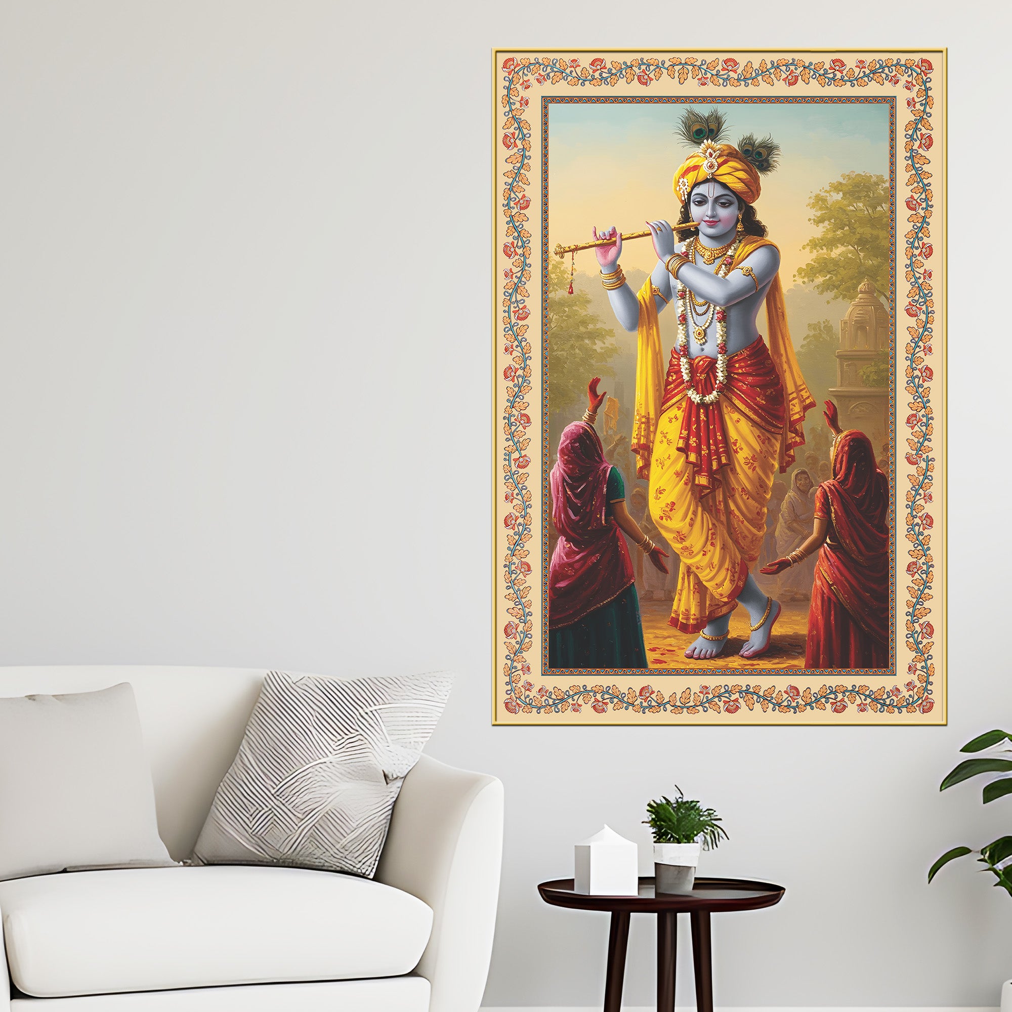 Flute of the Divine Floral Border Vertical Canvas Wall Painting