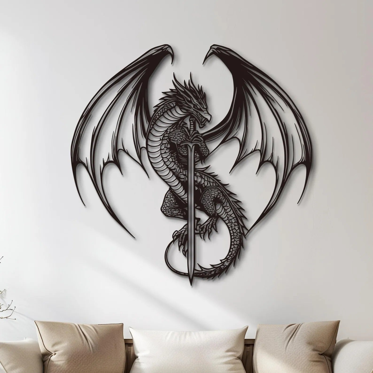Flying Dragon with Sword Metal Wall Art Decor