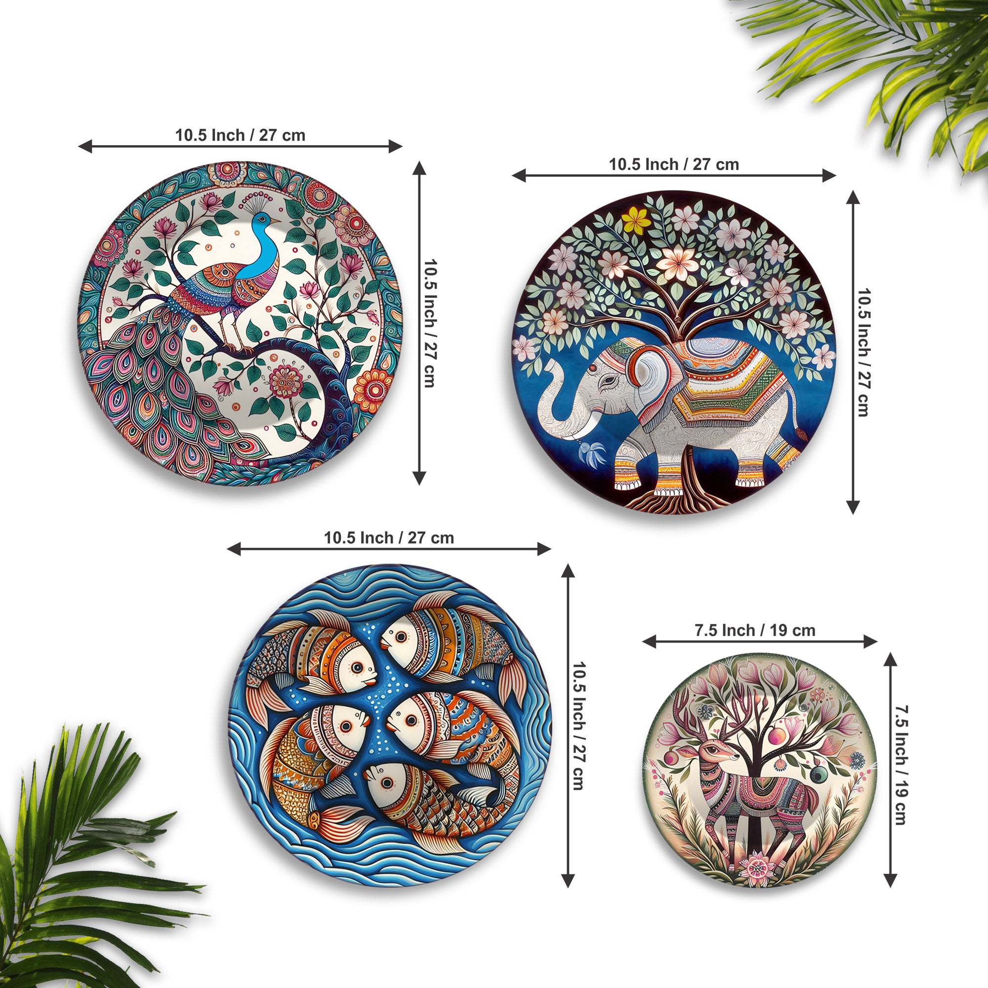 Folk Art Ethnic Animal Art Premium Wall Plates Painting Set of Four