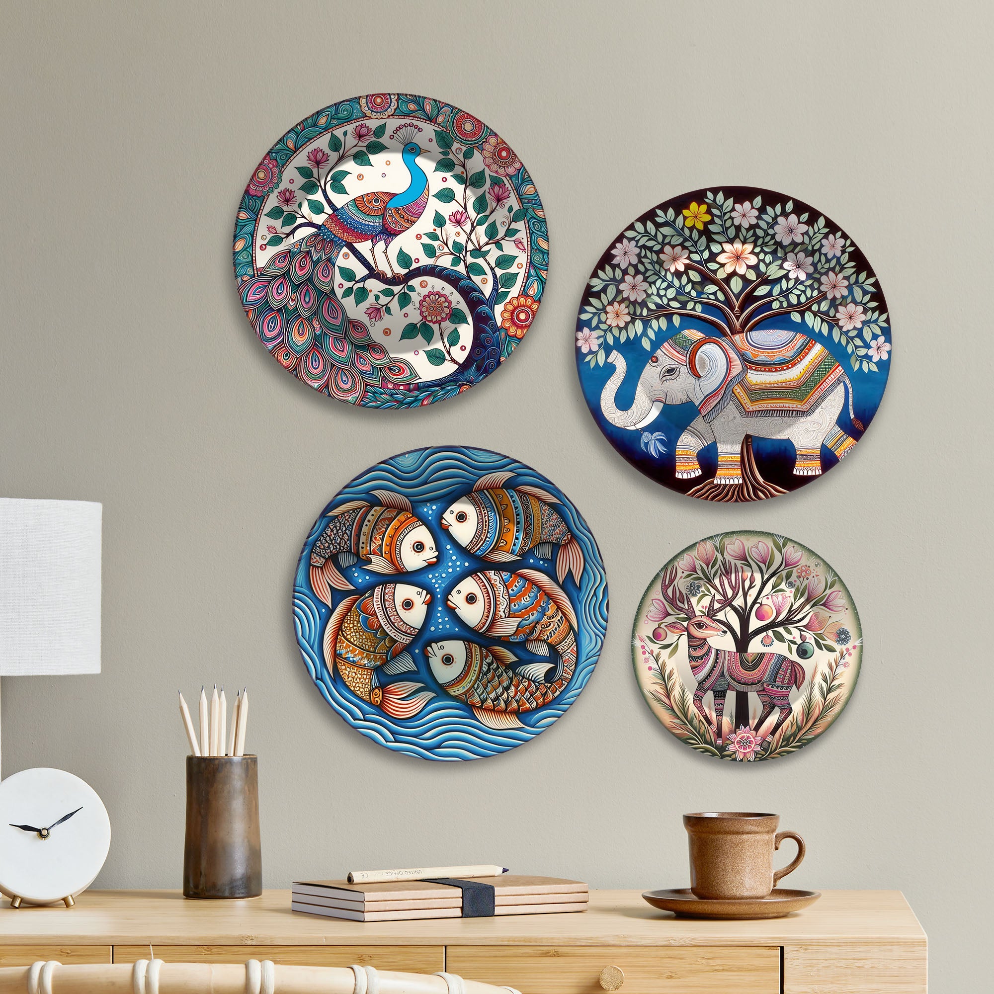 Folk Art Ethnic Animal Art Premium Wall Plates Painting Set of Four