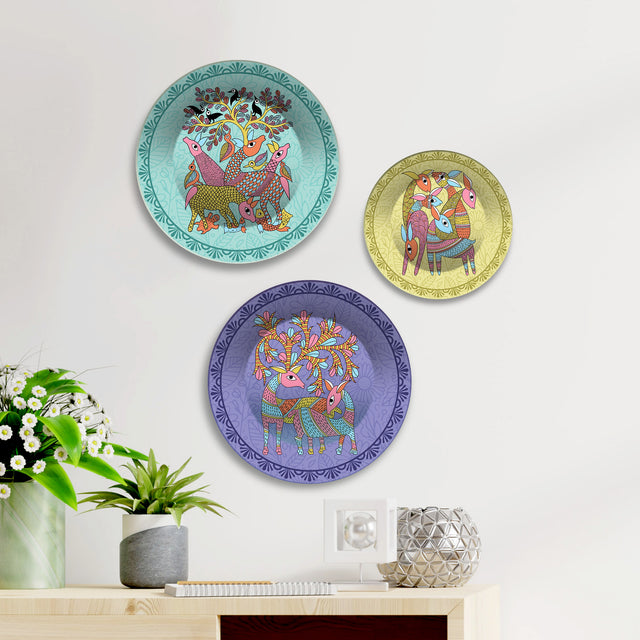 Folk Deer Wilderness Premium Wall Plates Painting Set of 3