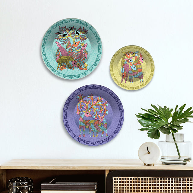 Folk Deer Wilderness Premium Wall Plates Painting Set of 3