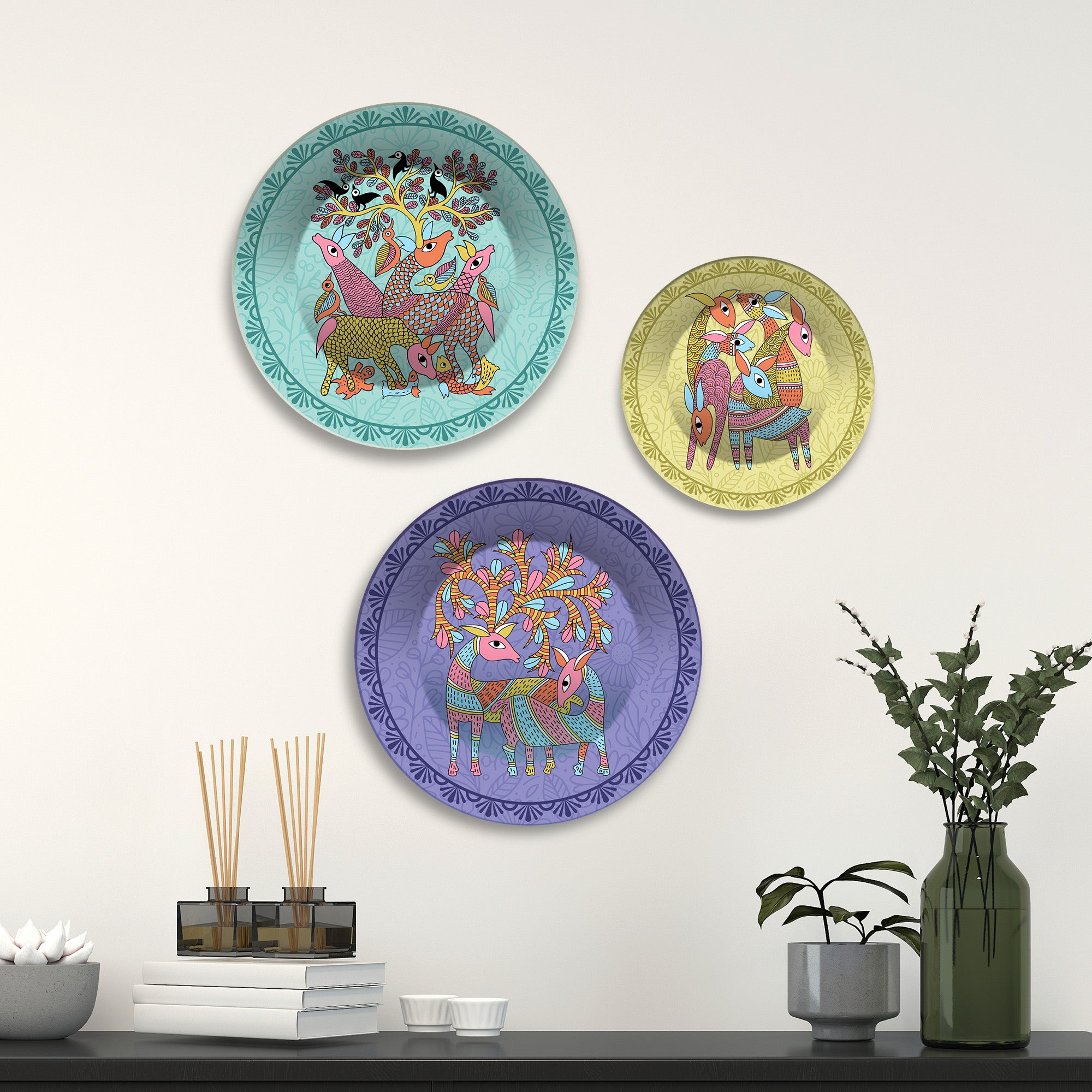 Folk Deer Wilderness Premium Wall Plates Painting Set of 3