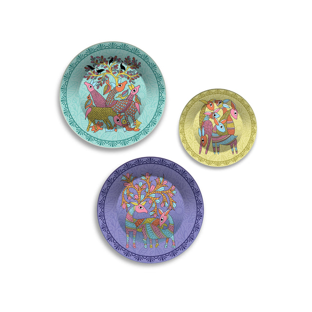 Folk Deer Wilderness Premium Wall Plates Painting Set of 3