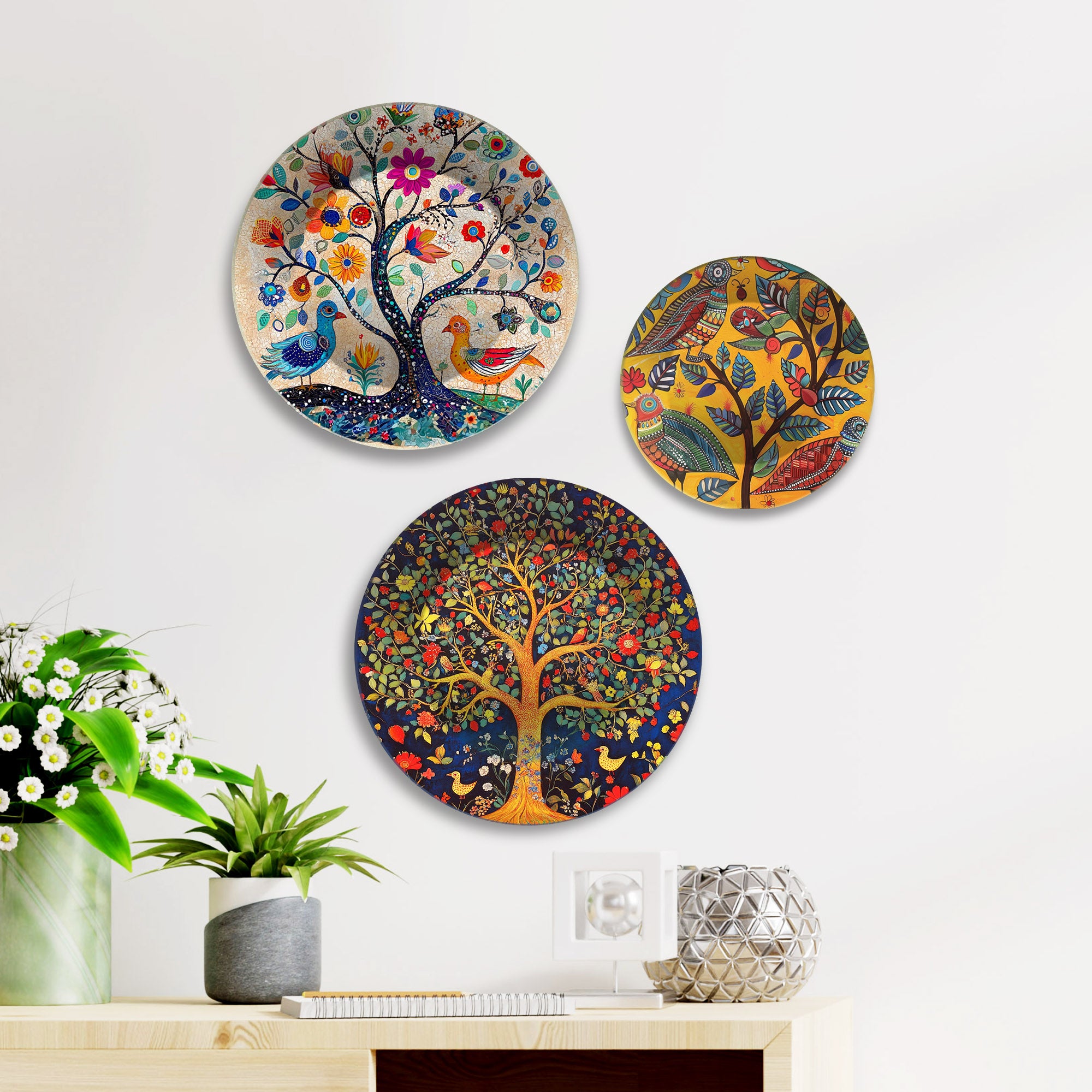 Folk Forest Charm Tree & Birds Premium Wall Plates Painting Set of 3