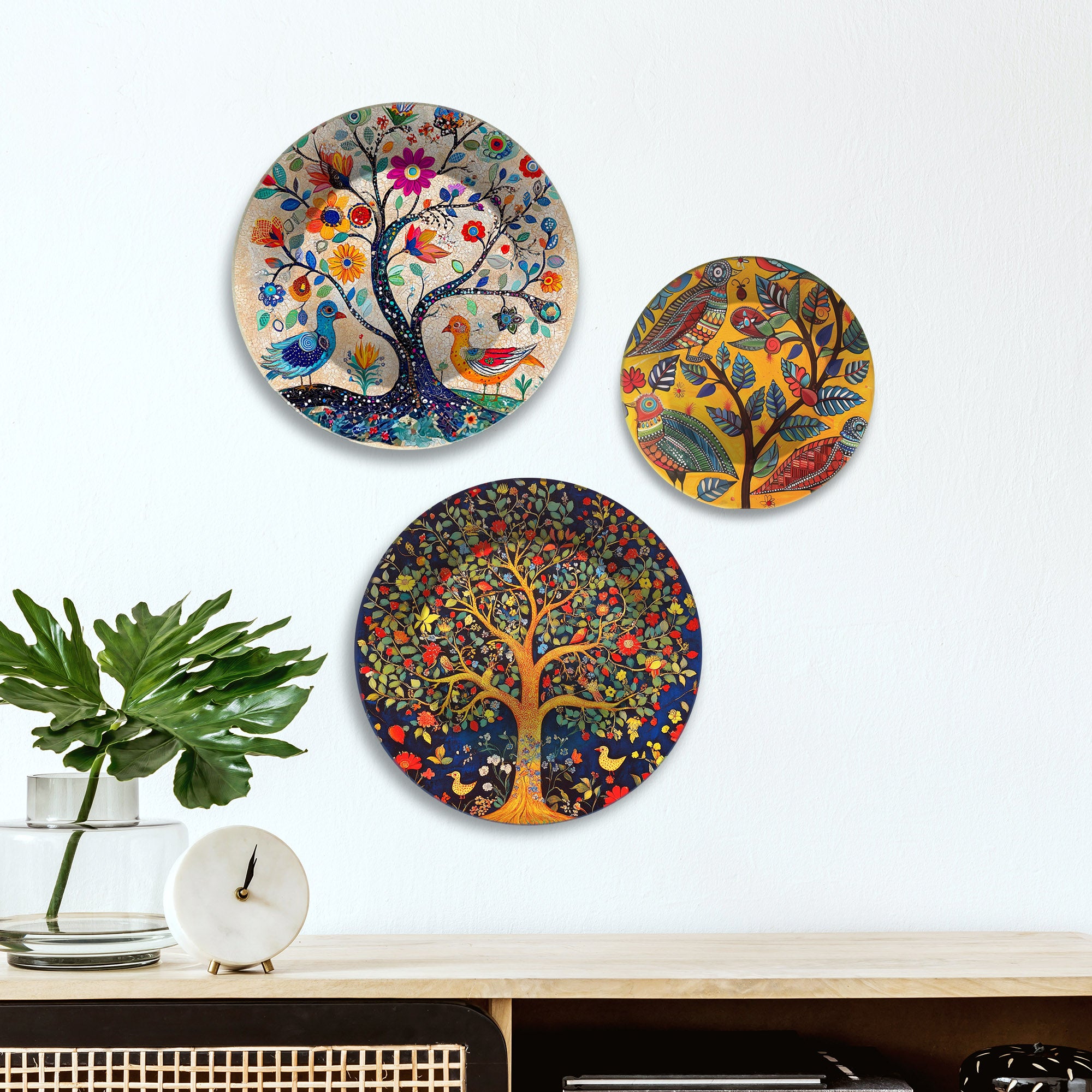 Folk Forest Charm Tree & Birds Premium Wall Plates Painting Set of 3