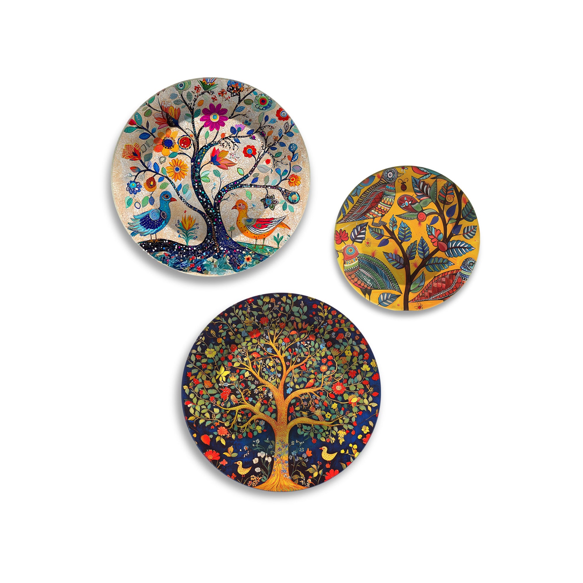 Folk Forest Charm Tree & Birds Premium Wall Plates Painting Set of 3