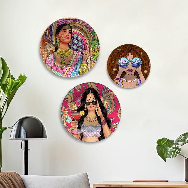 Fusion Femmes Divas Glam Premium Wall Plates Painting Set of 3