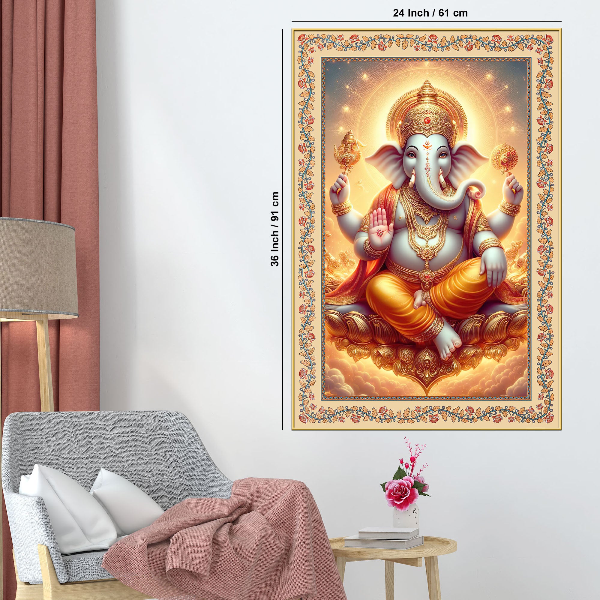 Ganesha Blessings and Prosperity Floral Border Vertical Wall Painting