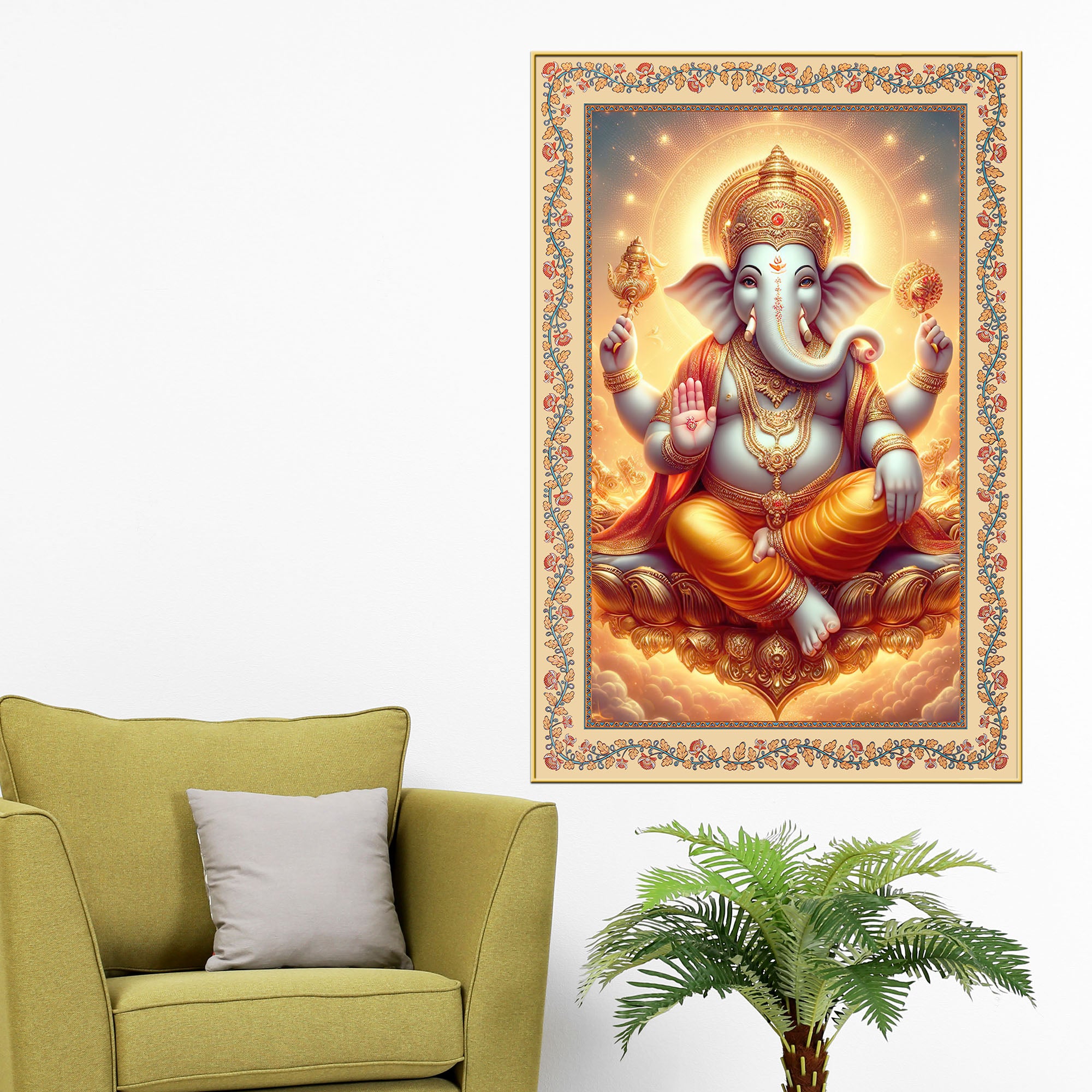 Ganesha Blessings and Prosperity Floral Border Vertical Wall Painting