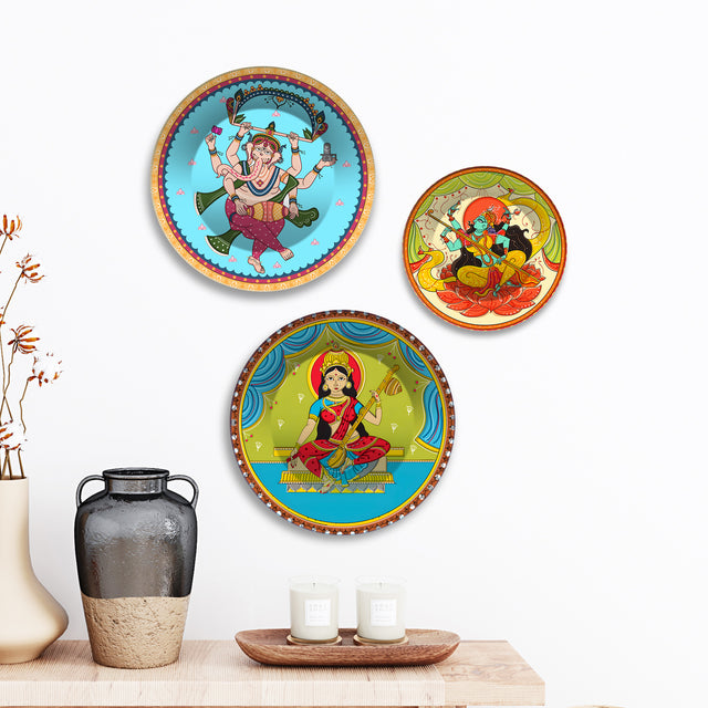 Ganesha Lakshmi & Durga Premium Wall Plates Painting Set of 3