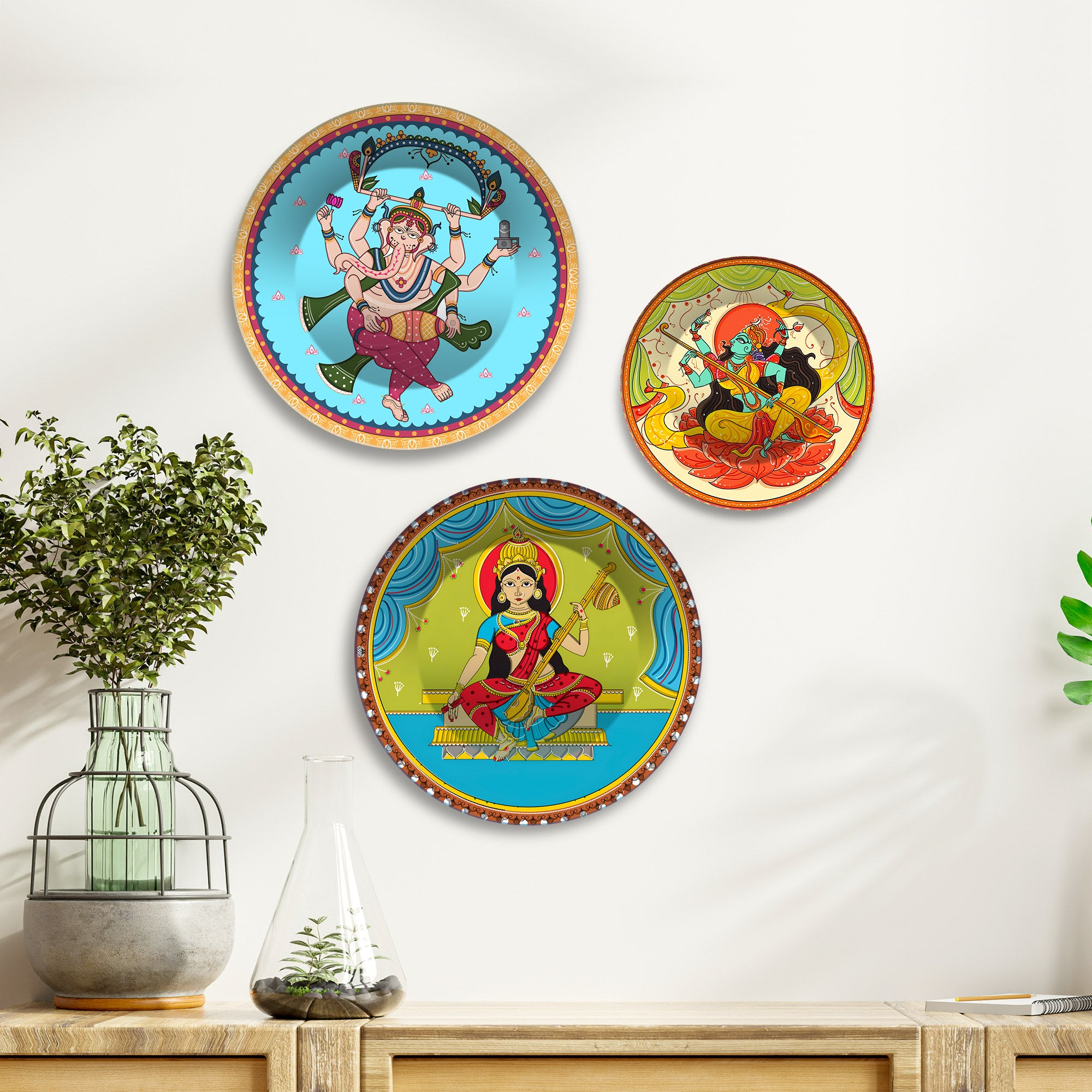 Ganesha Lakshmi & Durga Premium Wall Plates Painting Set of 3