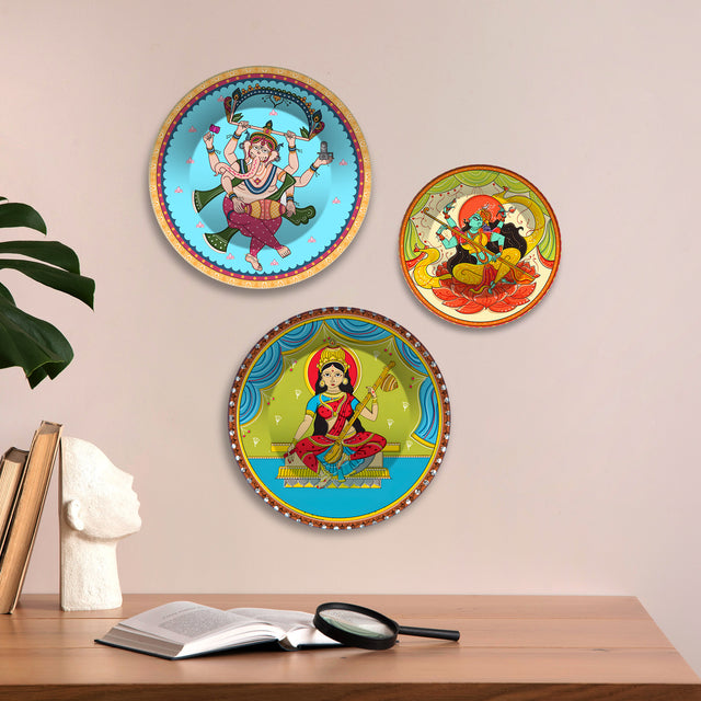 Ganesha Lakshmi & Durga Premium Wall Plates Painting Set of 3