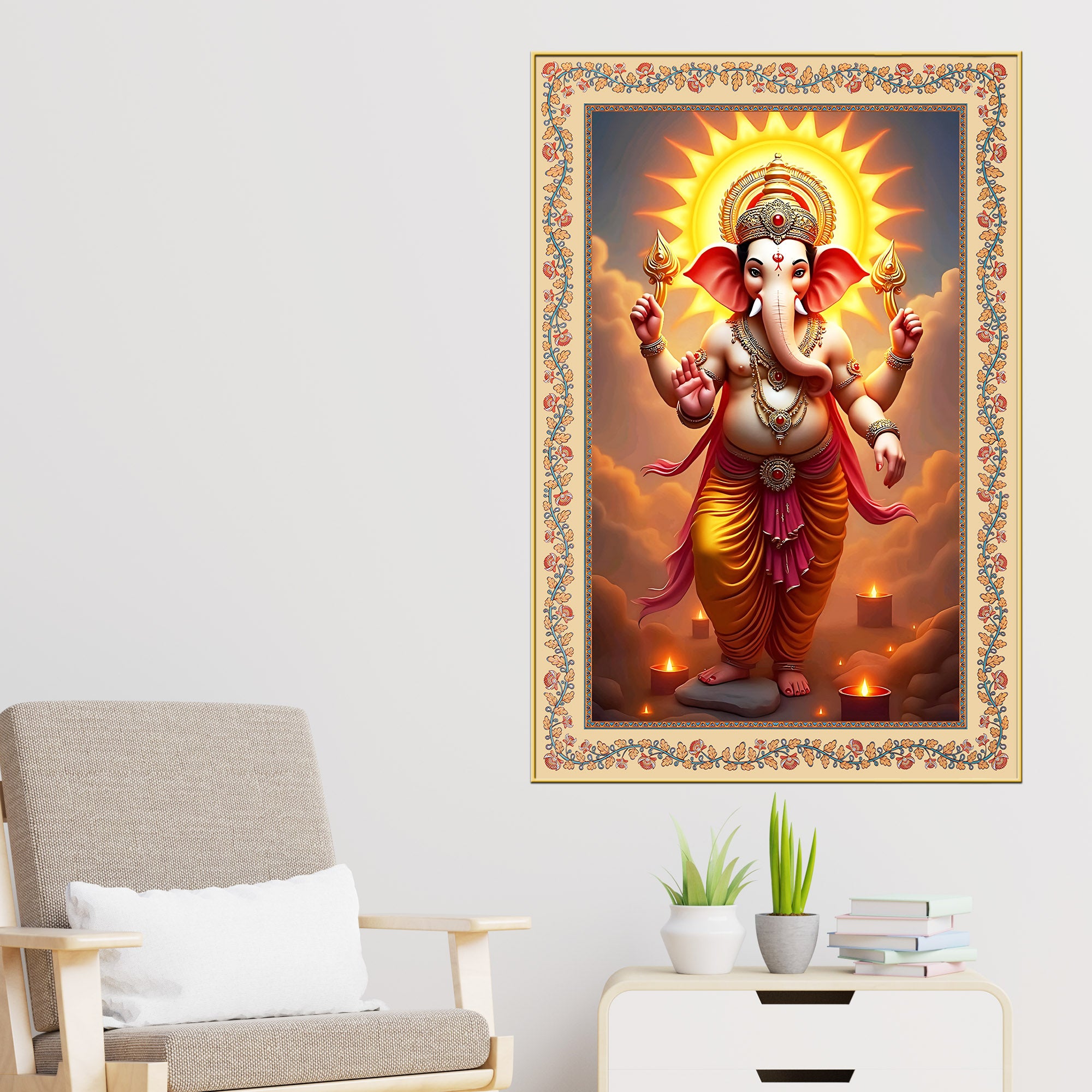 Ganesha with Sun Floral Border Vertical Canvas Wall Painting