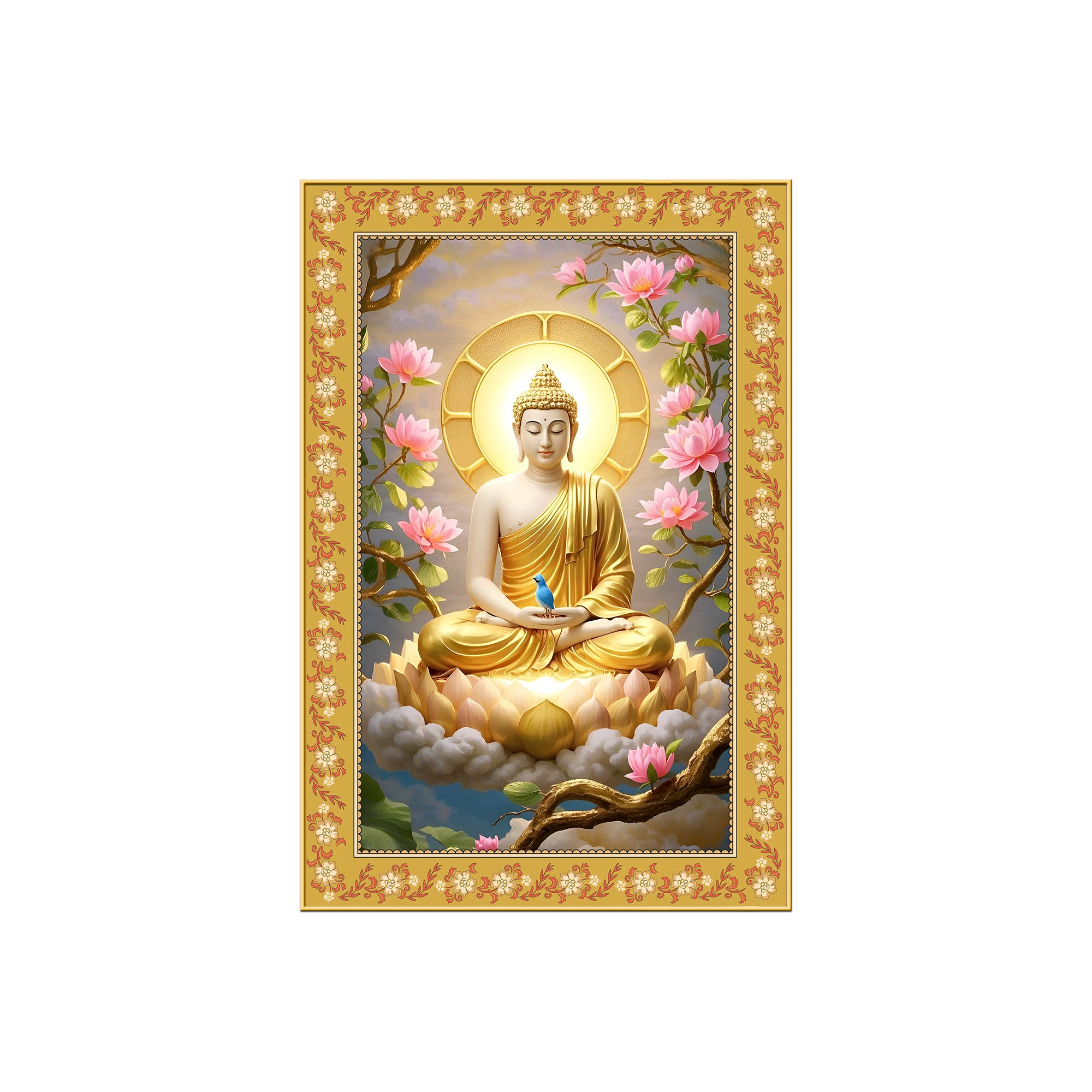Gautam Buddha Awakened One Floral Border Vertical Wall Painting