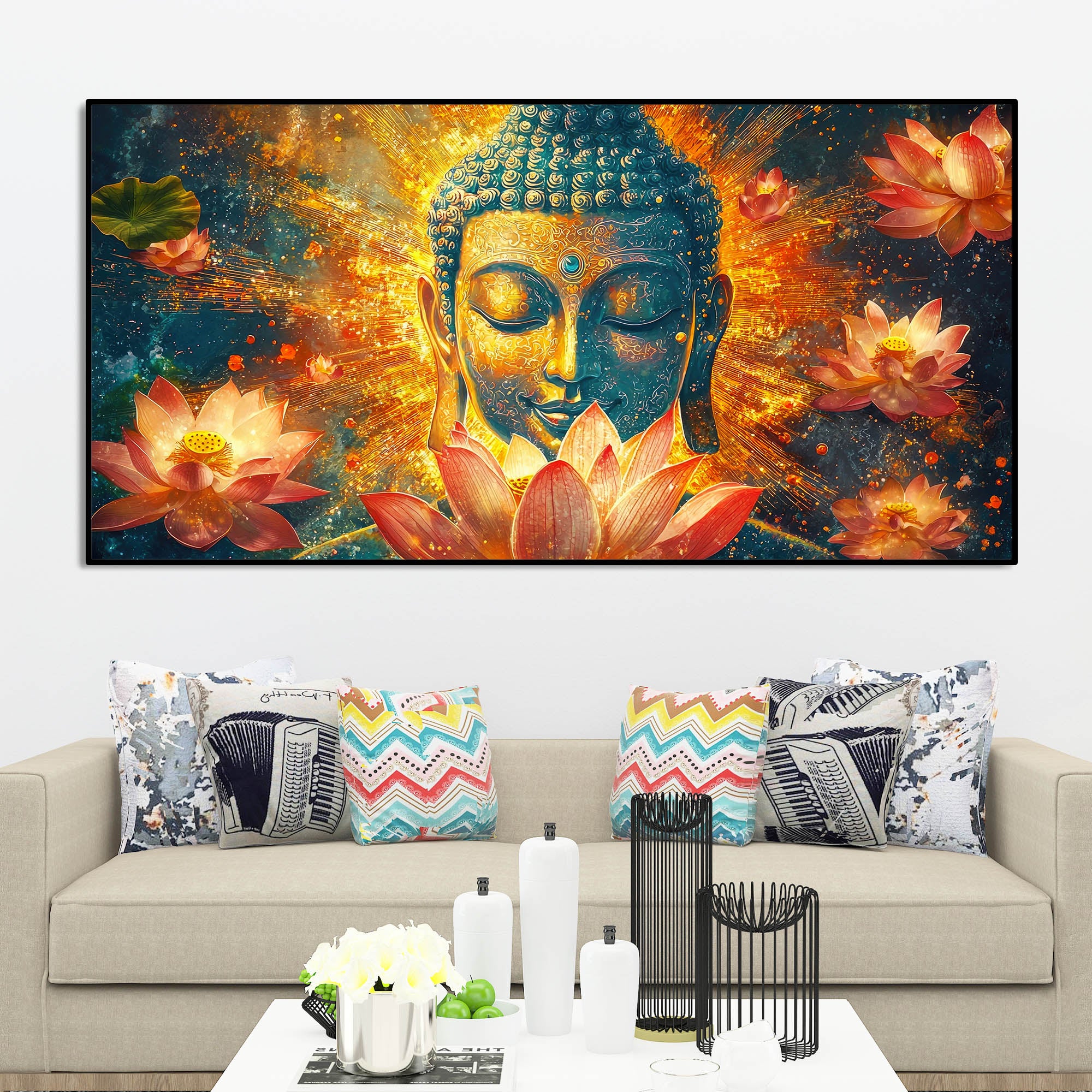 Gautam Buddha Statue with Lotus Flowers Background Canvas Wall Painting