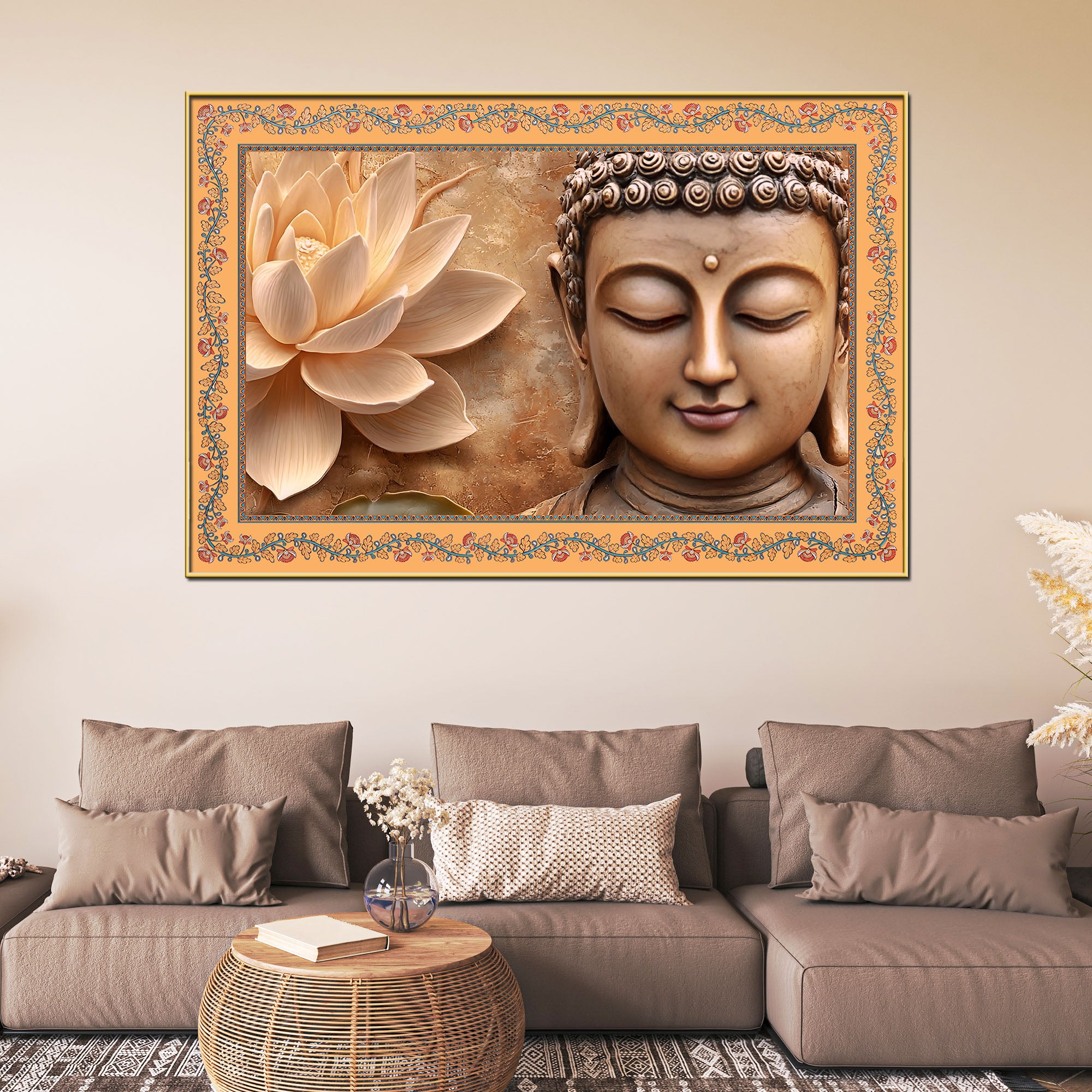 Gautam Buddha with Lotus Floral Border Canvas Wall Painting