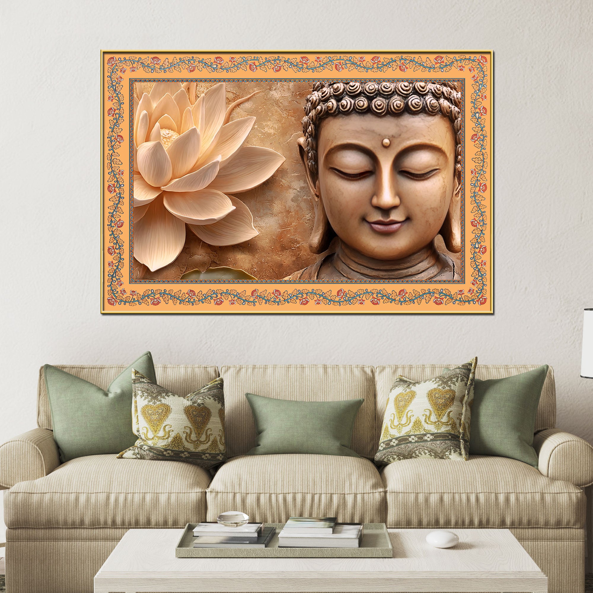 Gautam Buddha with Lotus Floral Border Canvas Wall Painting