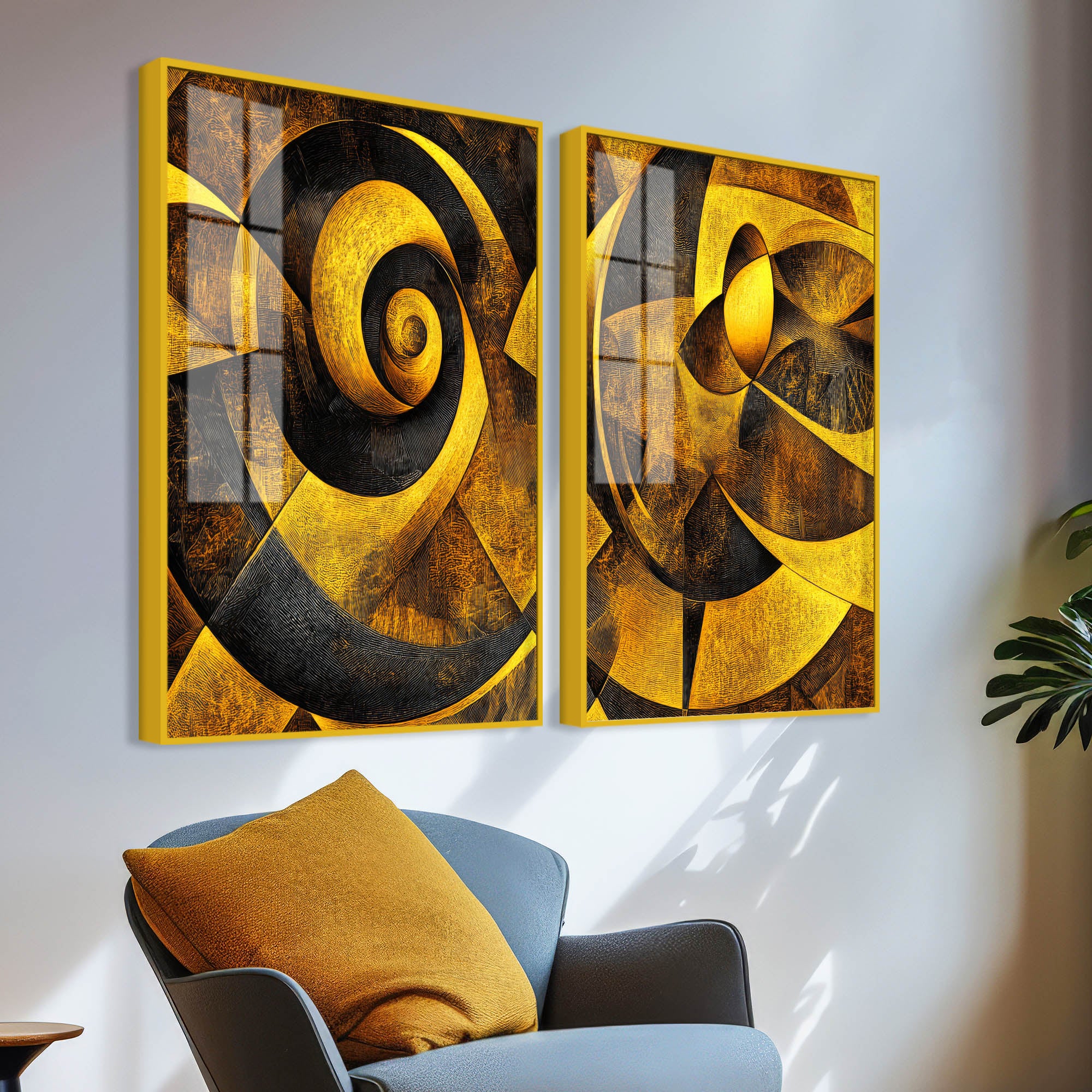 Geometric Abstract Golden Pattern Acrylic Floating Wall Painting Set of 2
