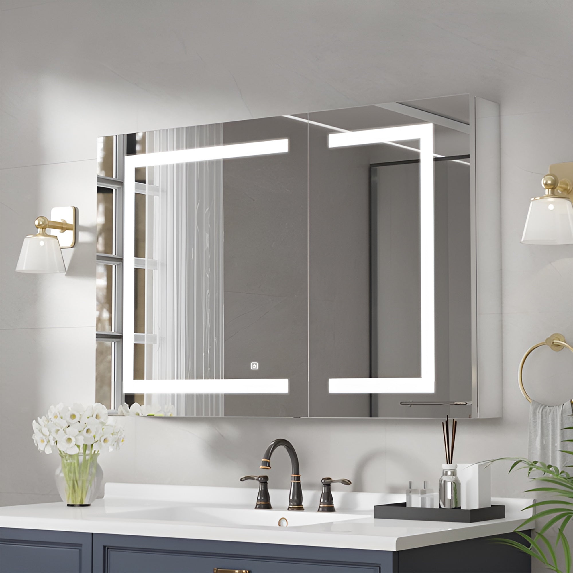 Geometric LED Light Mirror Cabinet with Soft Close Doors