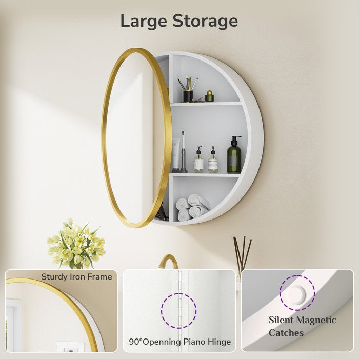 Gervon Round Medicine Cabinet White Gold Wall Mounted Mirror
