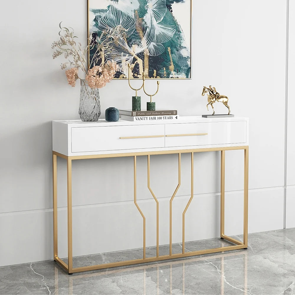 Glossy White Top Console with Modern Gold Detailing