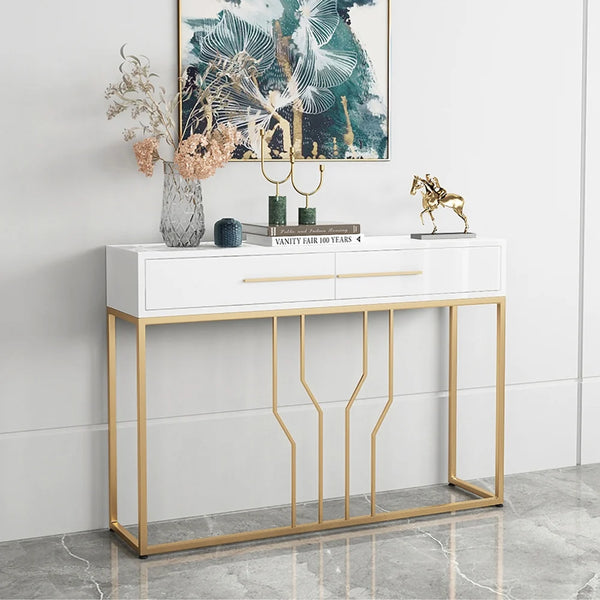 Glossy White Top Console with Modern Gold Detailing
