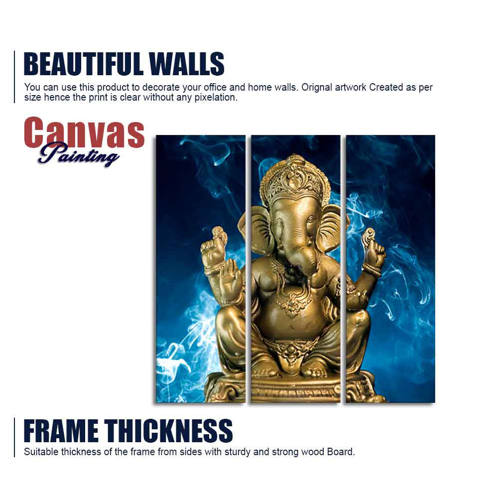 God Ganesha Golden Sculpture Wall Painting of Three Panels
