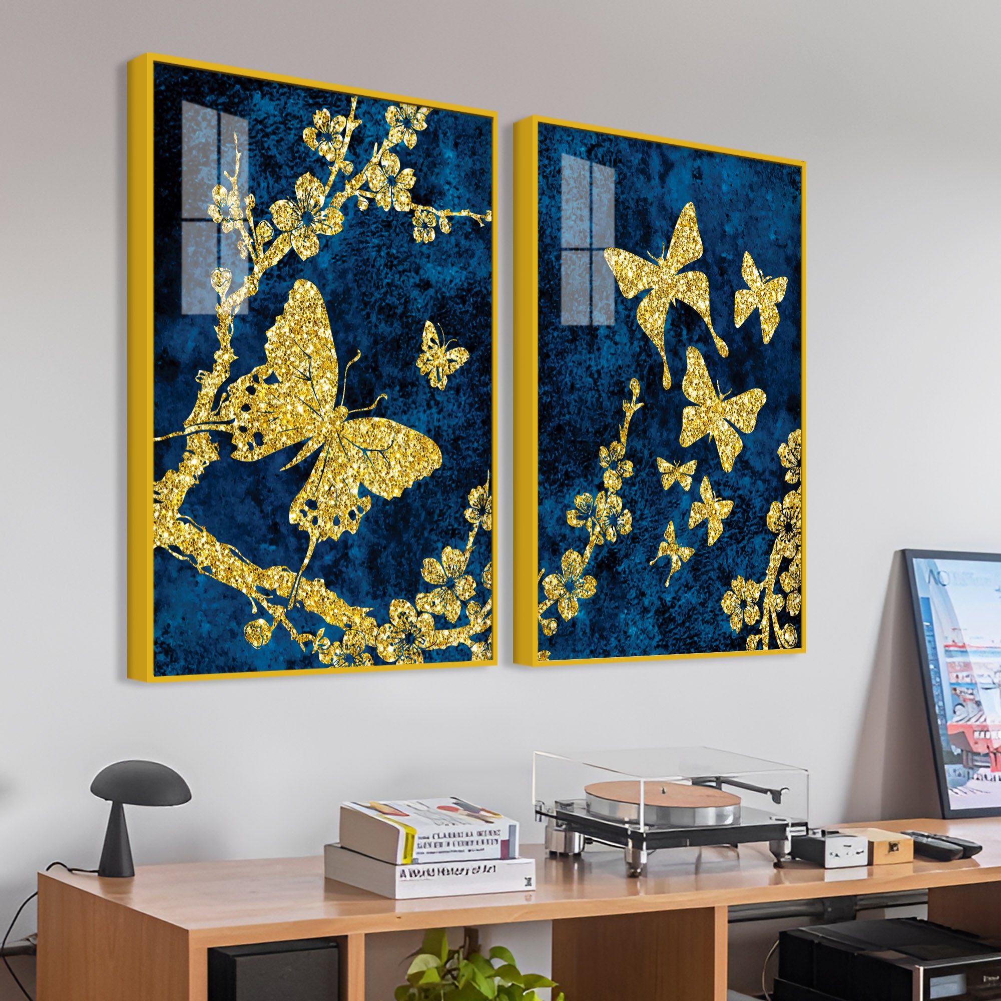Gold Foil Butterfly Acrylic Art Floating Wall Painting Set Of 2