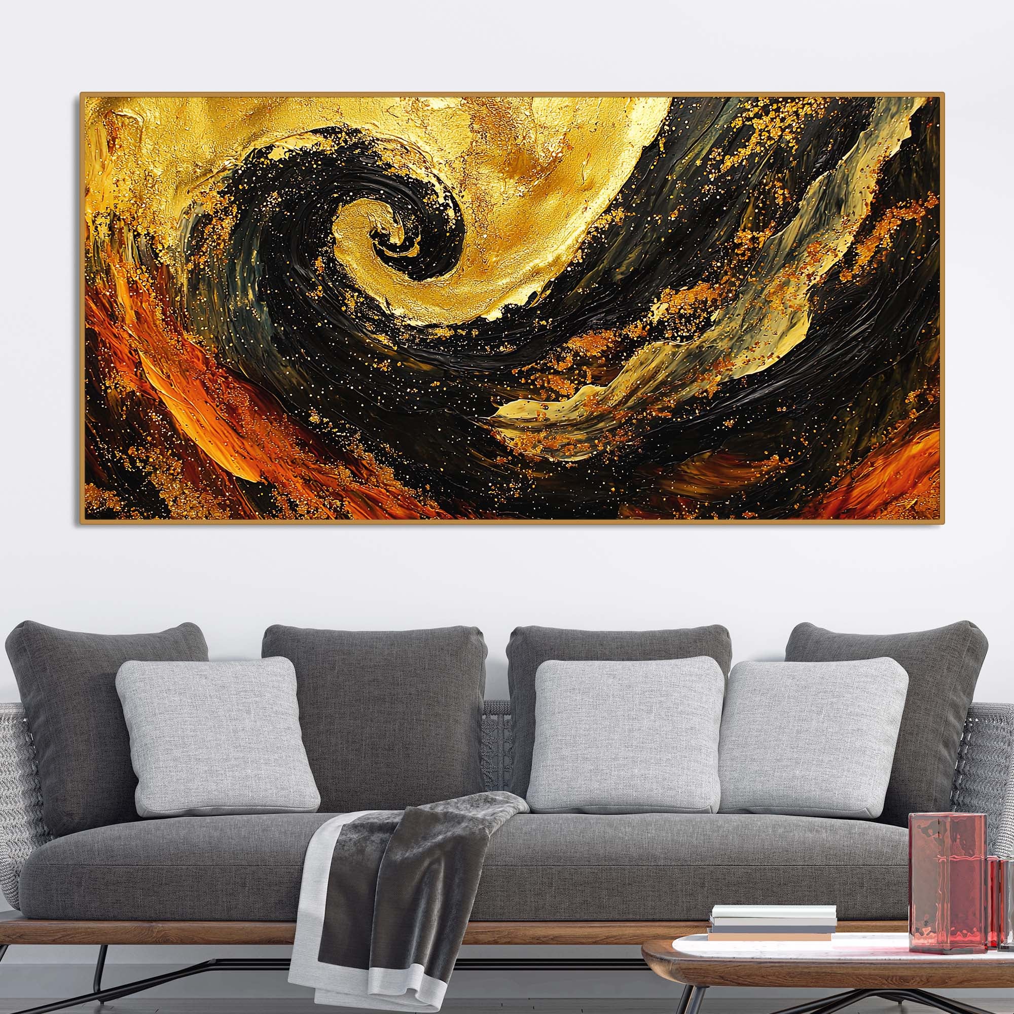 Golden Abstract Spiral Art Wooden Canvas Wall Painting