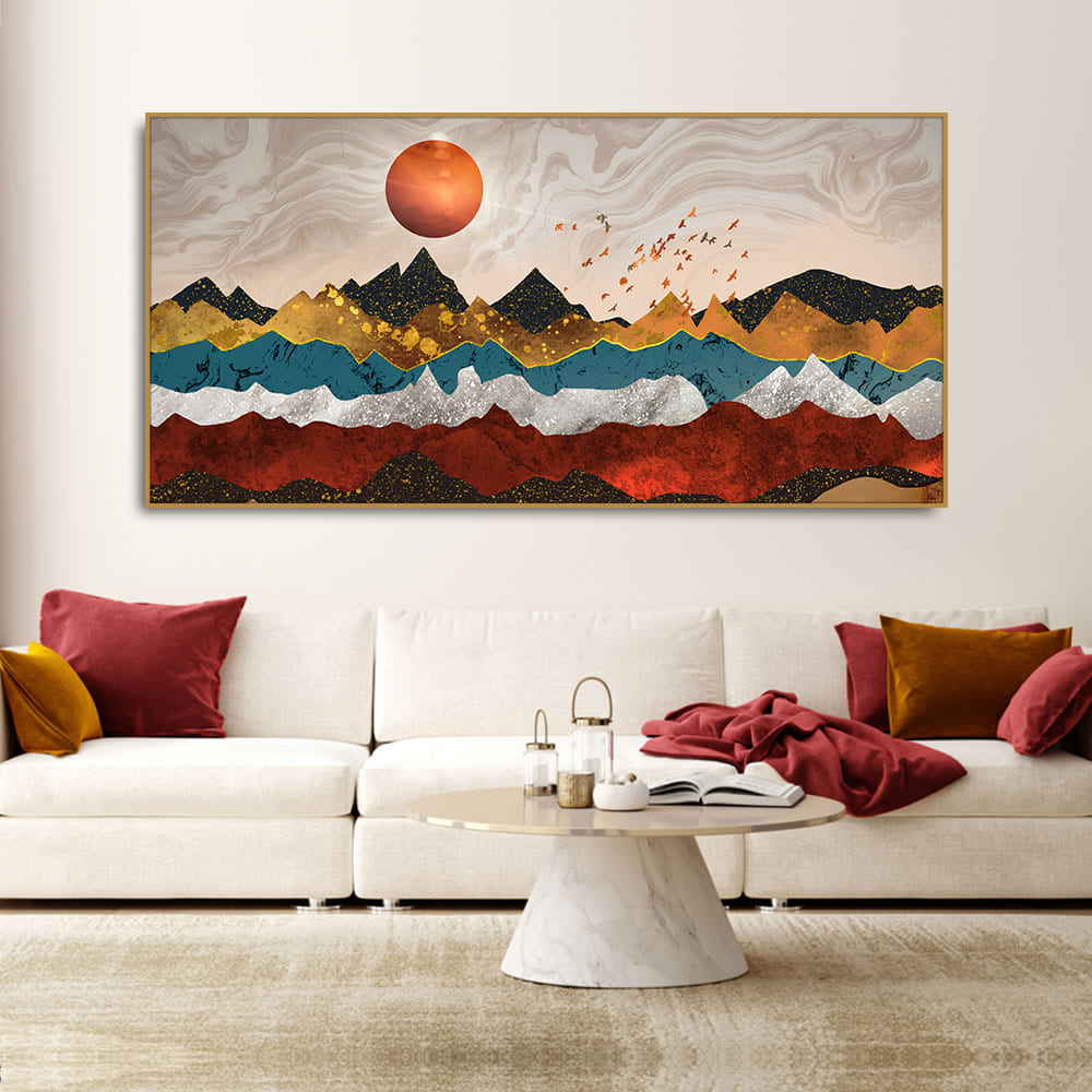 Golden Birds Flying Over Colorful Mountains Canvas Wall Painting