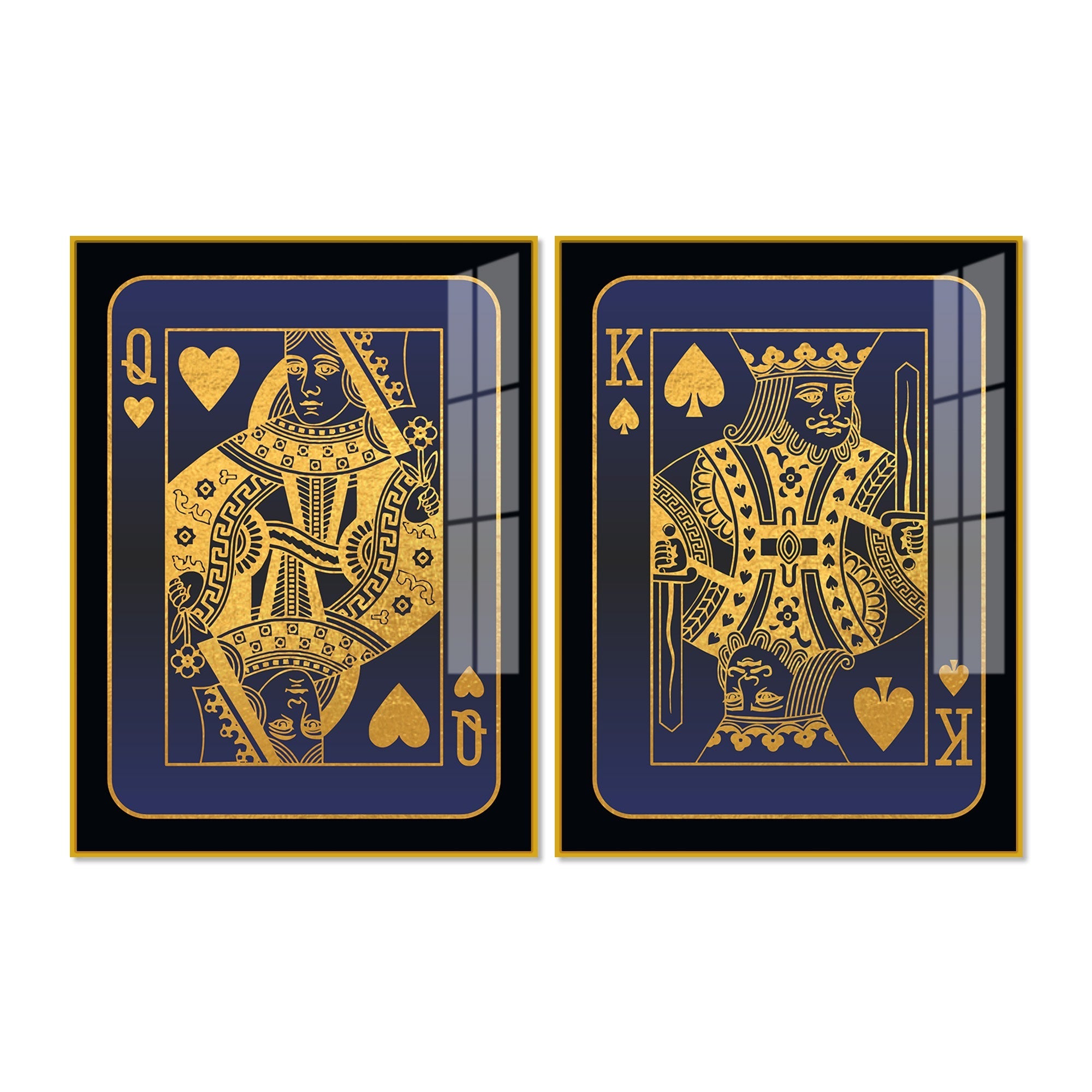 Golden Card of King and Queen Acrylic Floating Wall Painting Set of 2