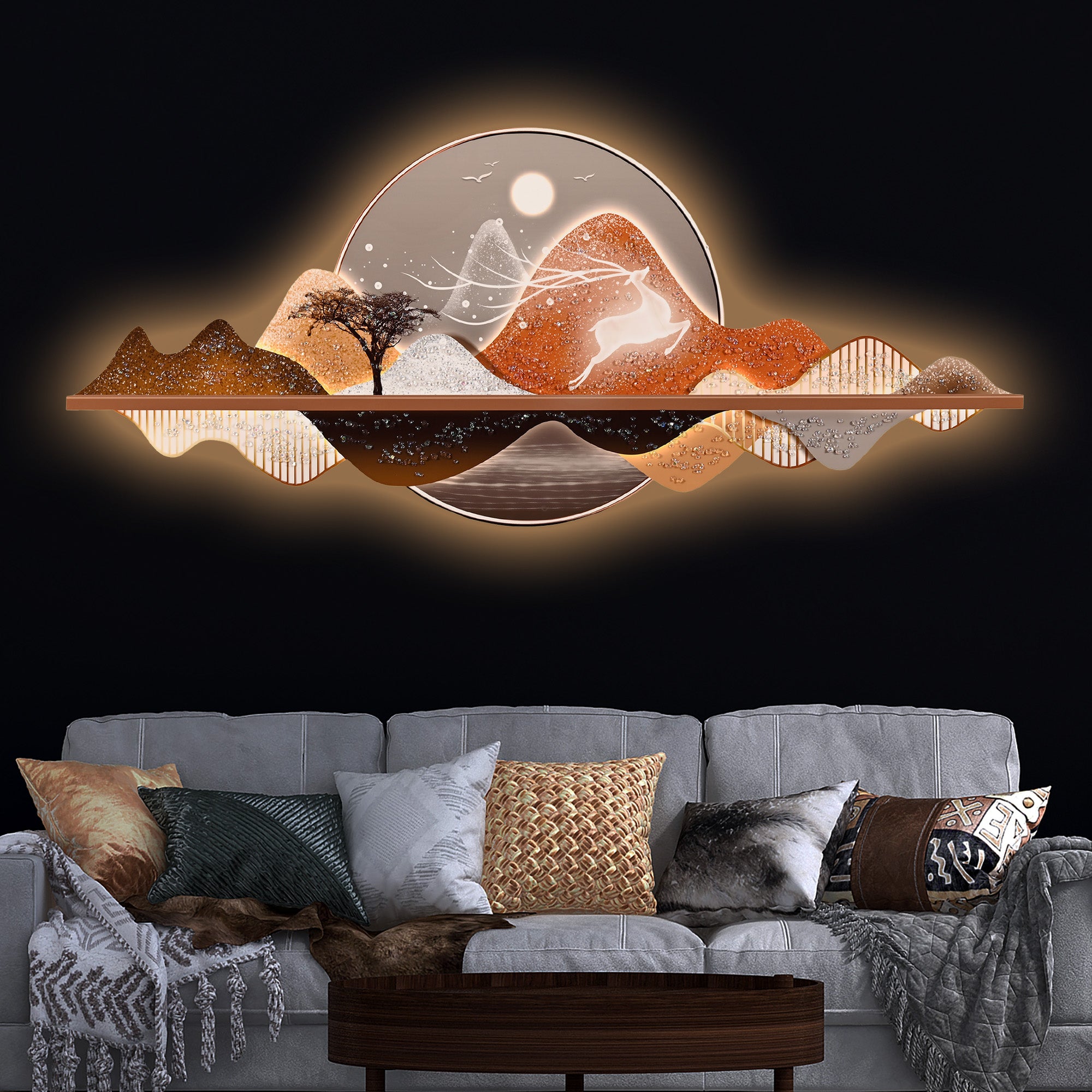 Golden Deer In Mountain Crystal Glass Backlit LED Painting