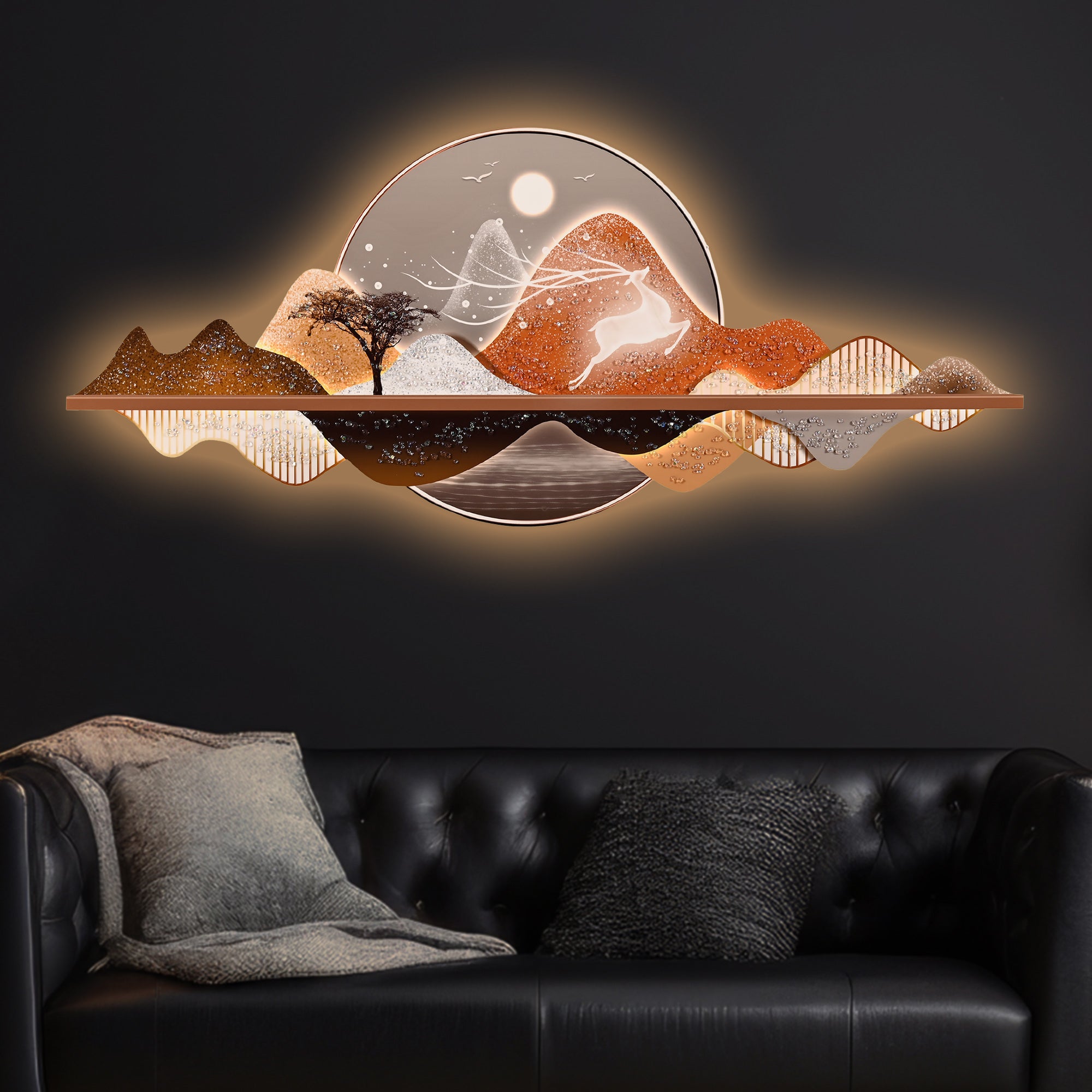 Golden Deer In Mountain Crystal Glass Backlit LED Painting