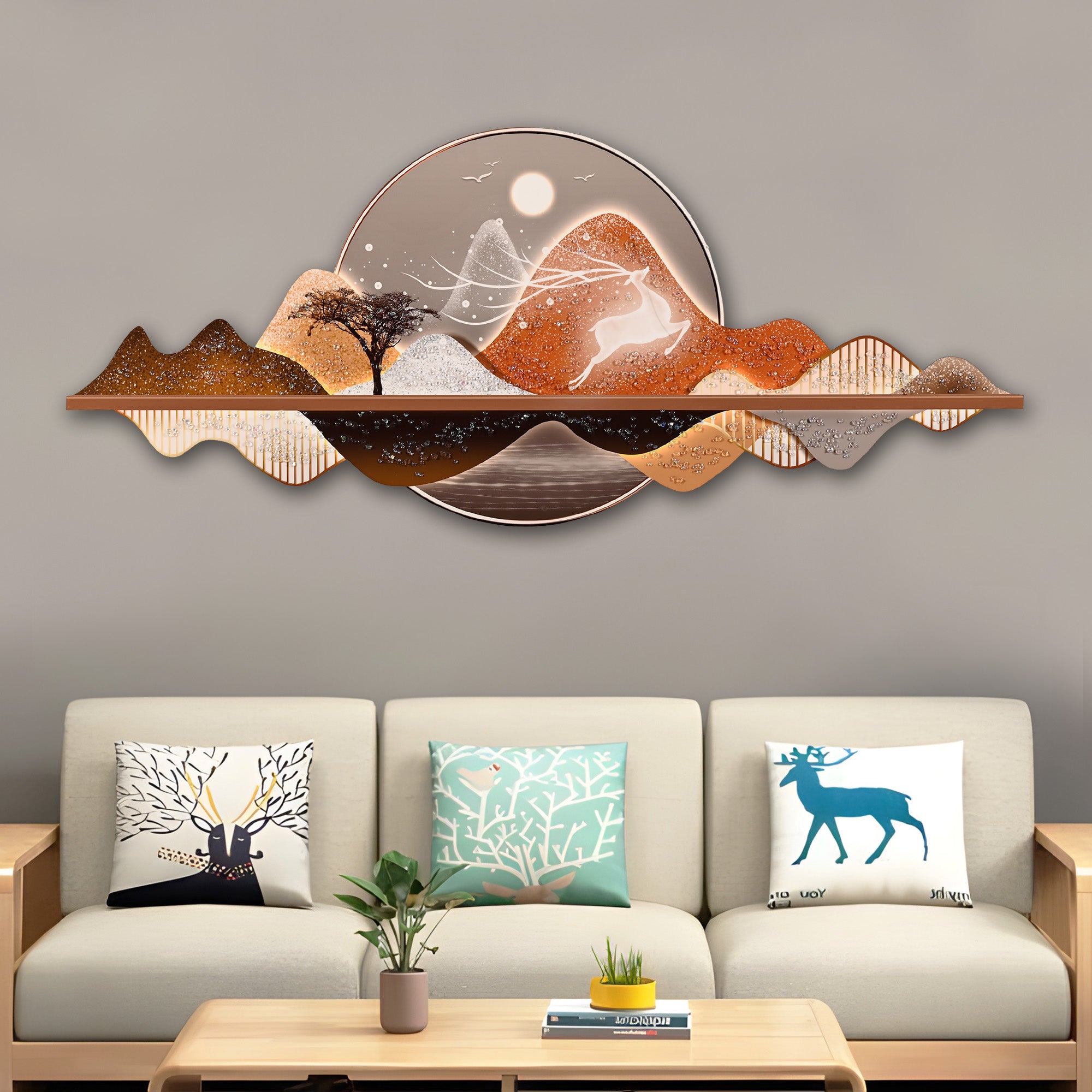 Golden Deer In Mountain Crystal Glass Backlit LED Painting