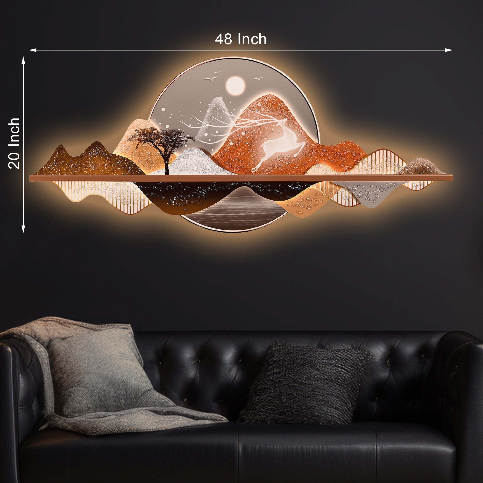 Golden Deer In Mountain Crystal Glass Backlit LED Painting