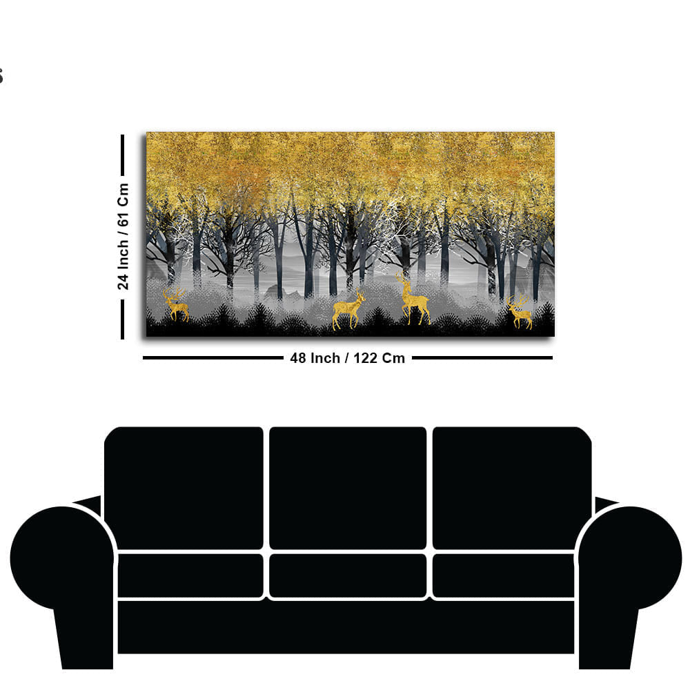 Golden Deers in Dark Forest Premium Canvas Wall Painting