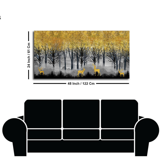Golden Deers in Dark Forest Premium Canvas Wall Painting