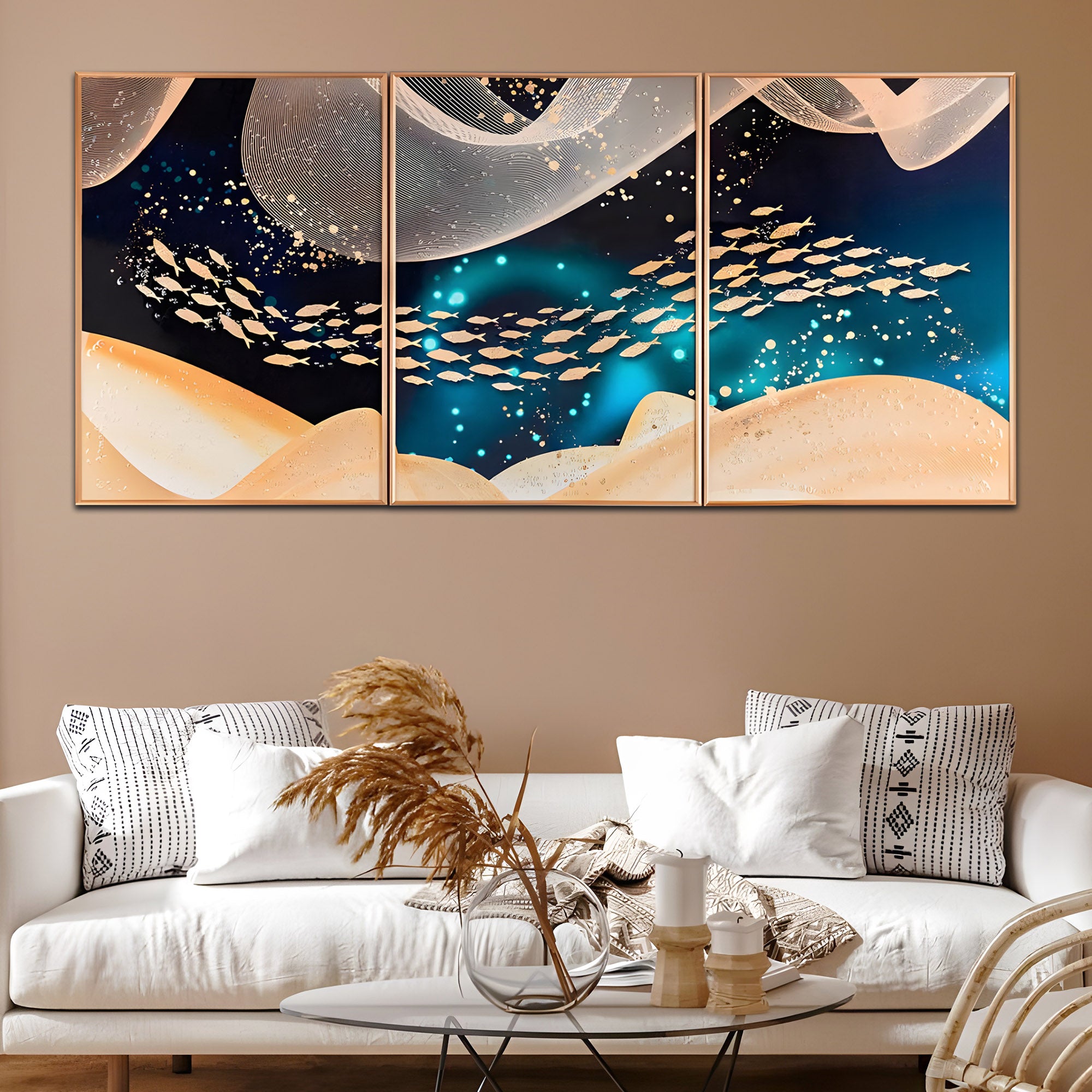 Golden Fishes Framed Crystal Glass Painting Set of 3